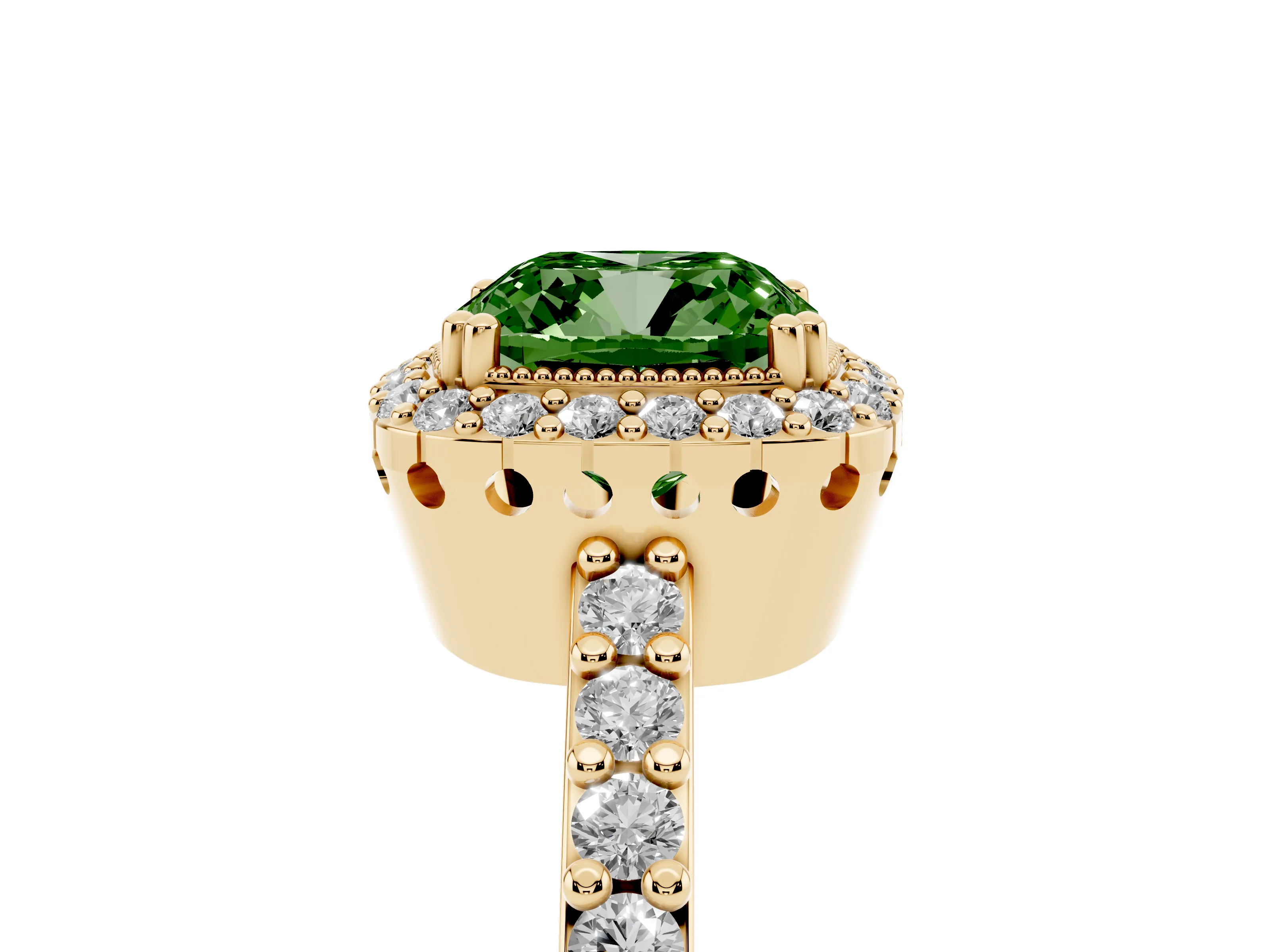 Fancy Green Cushion Cut Diamond Halo Engagement Ring Set in Yellow gold with Milgrain Detail and Pavé Band