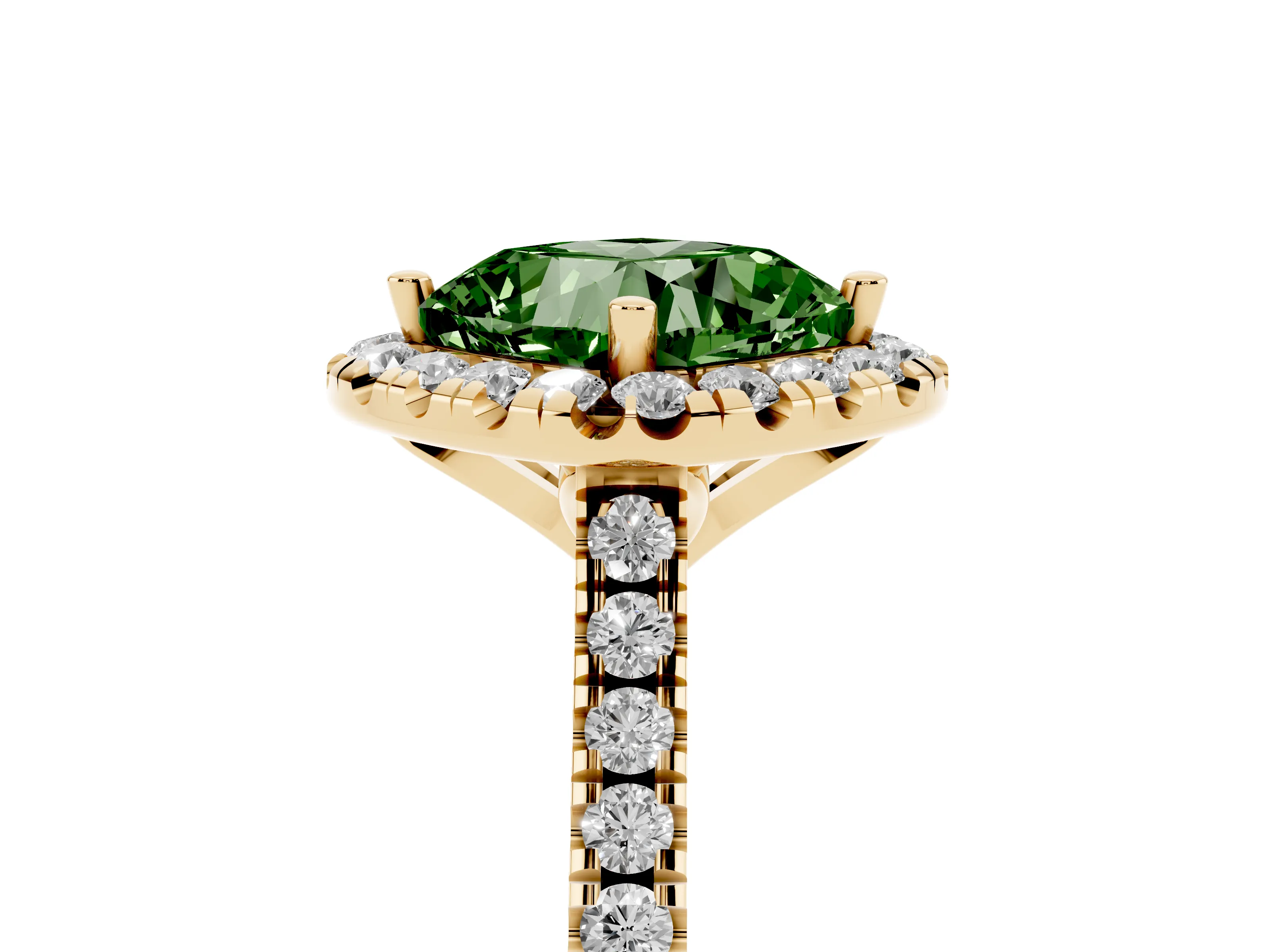 Fancy Green Cushion Cut Diamond Cushion Halo Ring Set in Yellow gold with Pavé Band