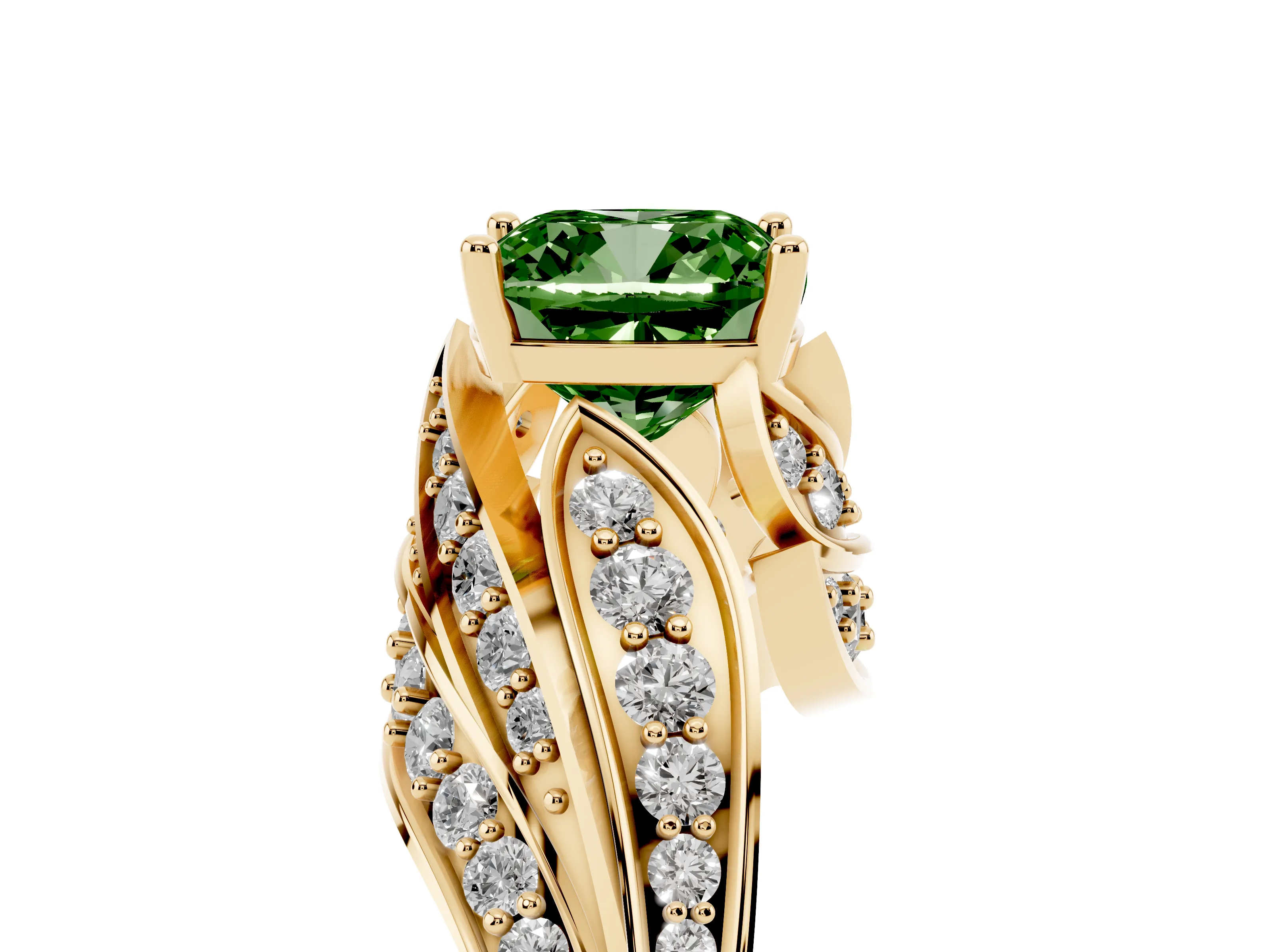 Fancy Green Cushion Cut Diamond Solitaire Ring Set in Yellow gold with Layered Twist Pavé Band