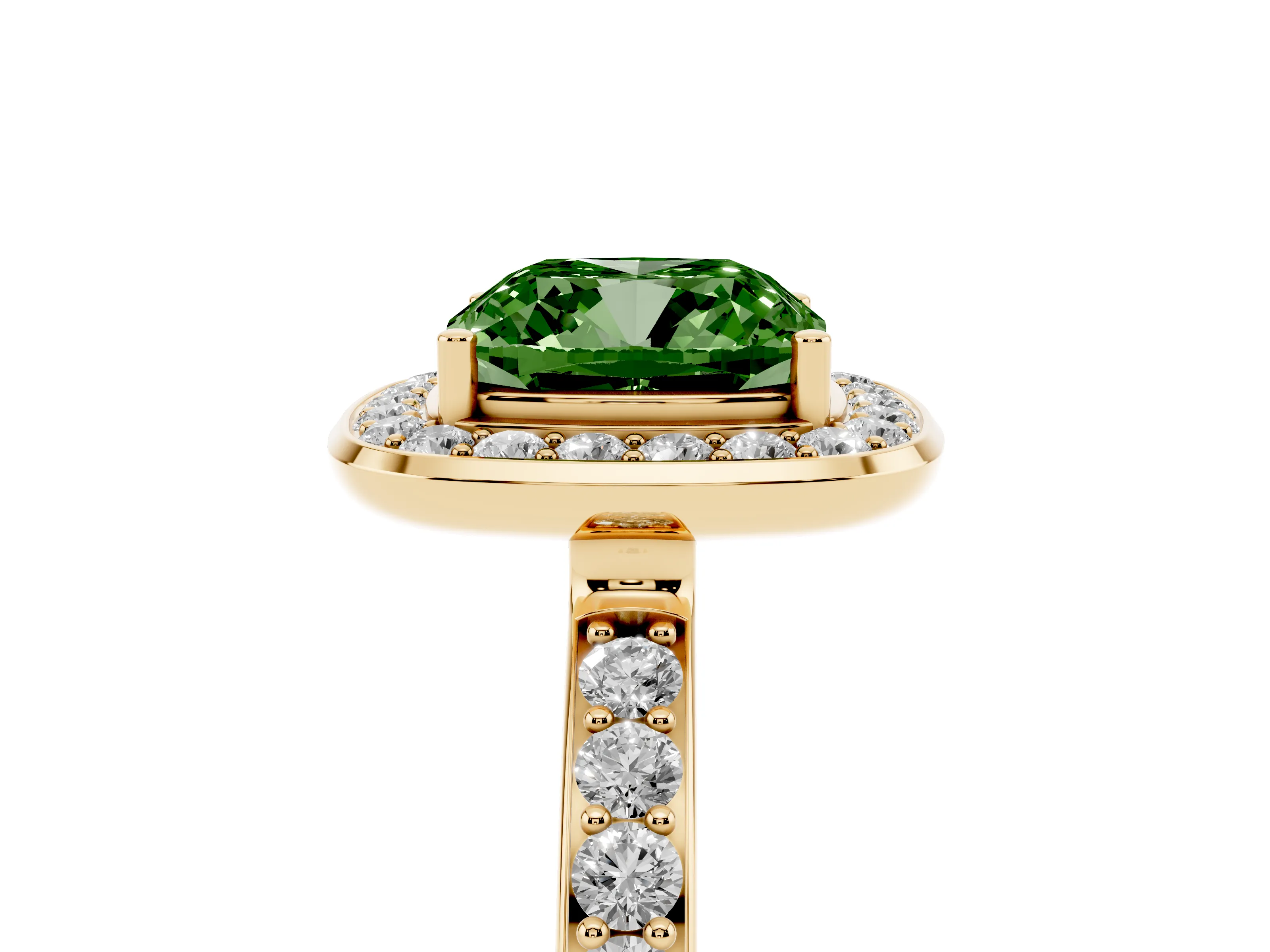 Fancy Green Cushion Cut Diamond Halo Ring Set in Yellow gold with Bezel Frame and Pavé Band