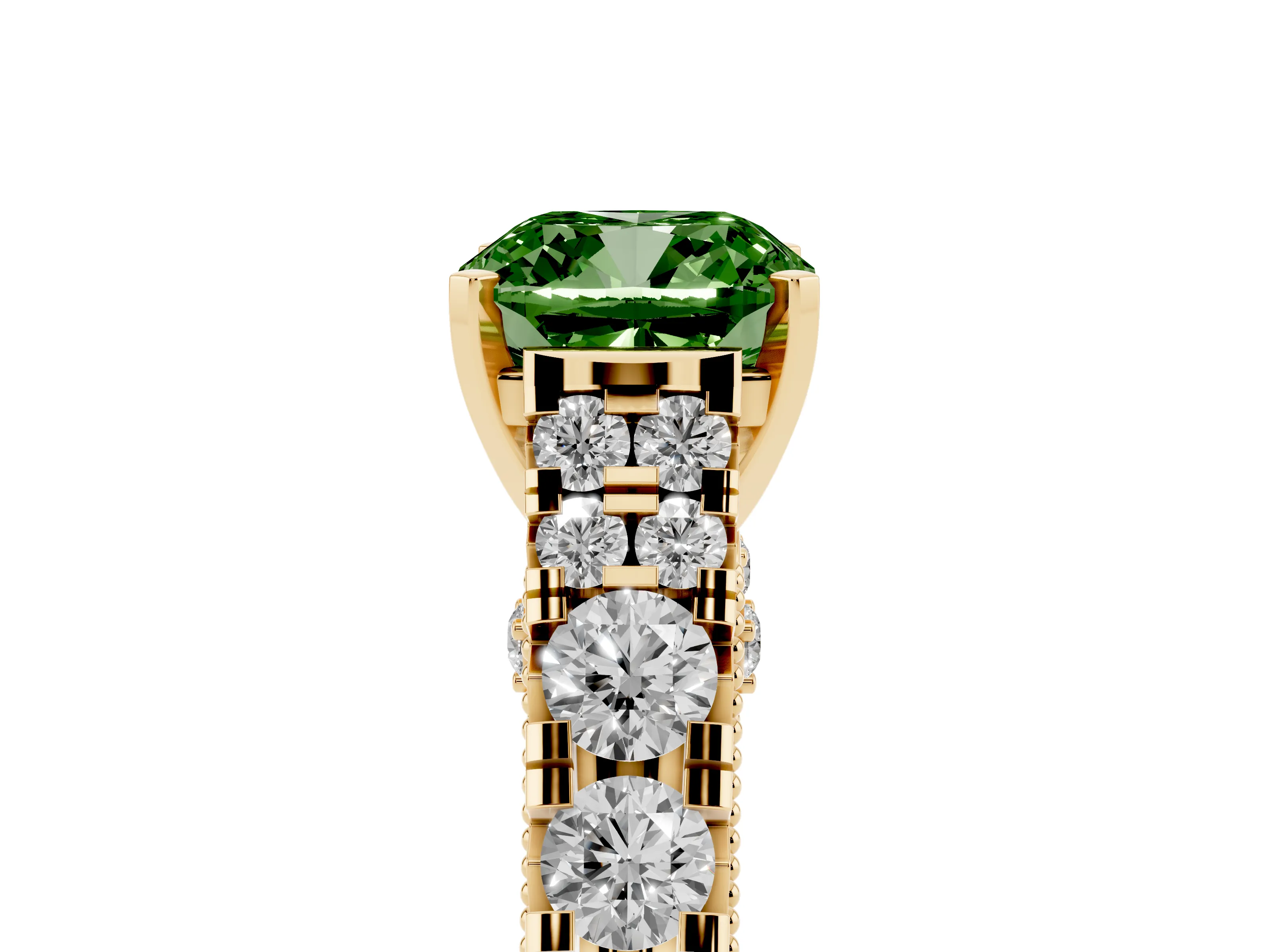 Fancy Green Cushion Cut Diamond Classic Solitaire Ring Set in Yellow gold with Pavé Band and Prong Setting