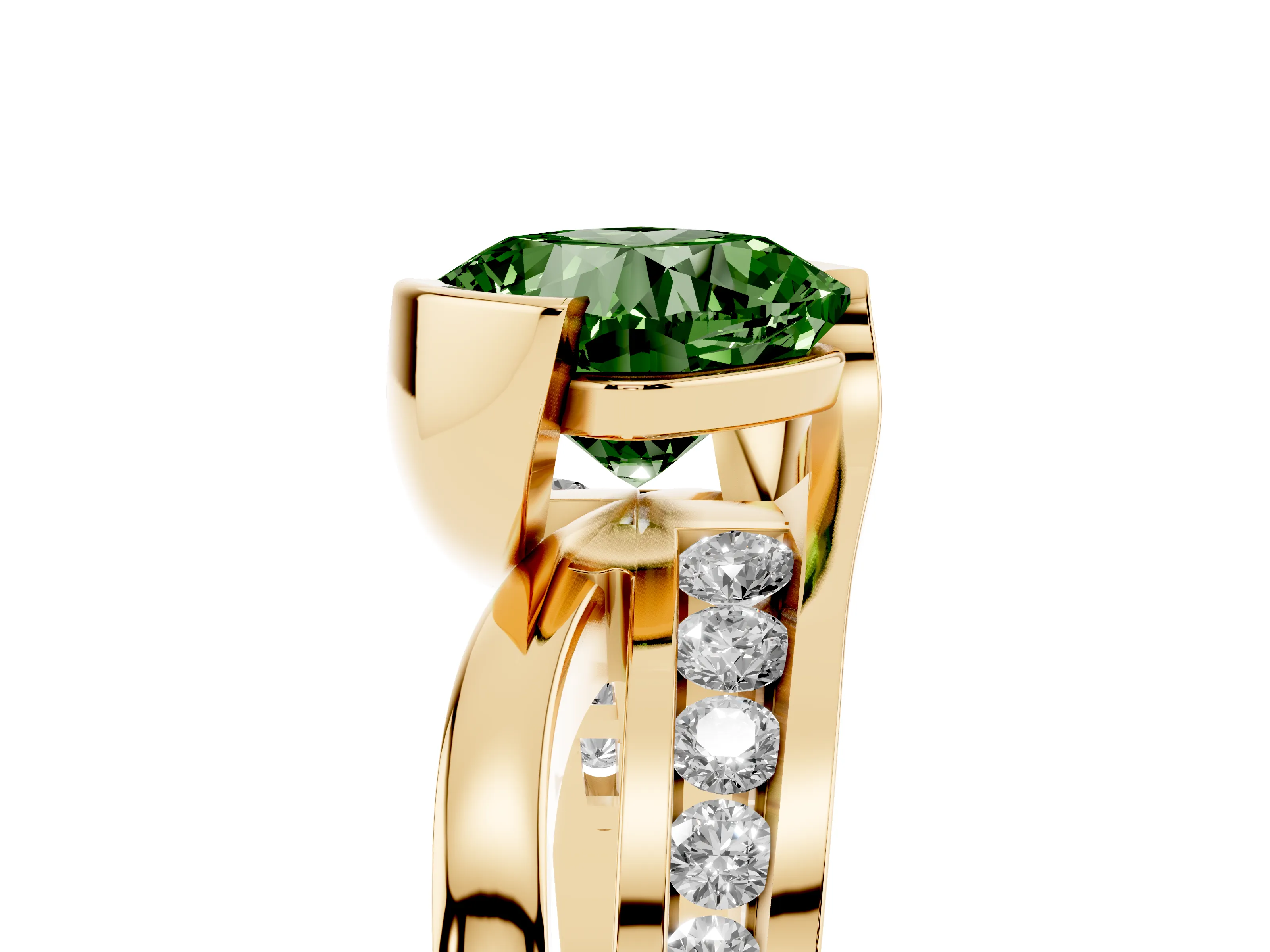 Fancy Green Cushion Cut Diamond Solitaire Ring Set in Yellow gold with Channel Set Split Shank and Tension Prongs