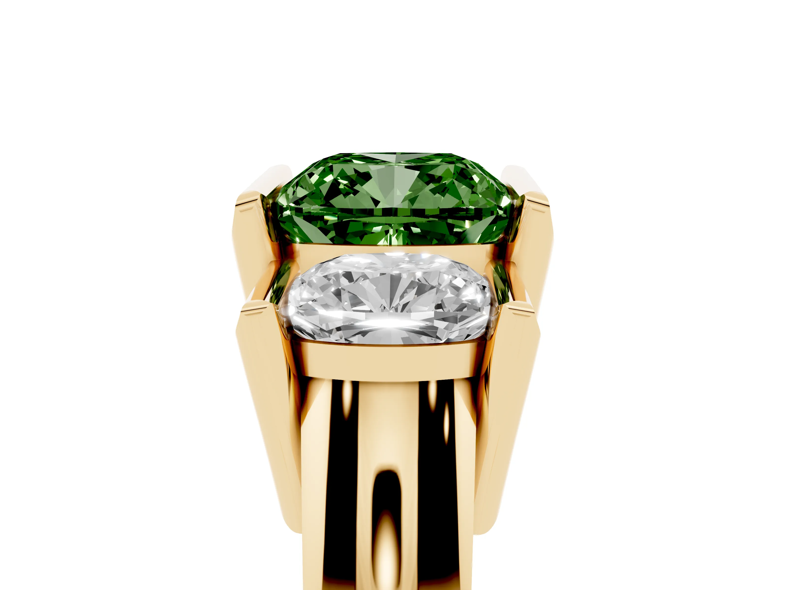 Fancy Green Cushion Cut Diamond Three-Stone Channel Set Ring Set in Yellow gold with Smooth Polished Band