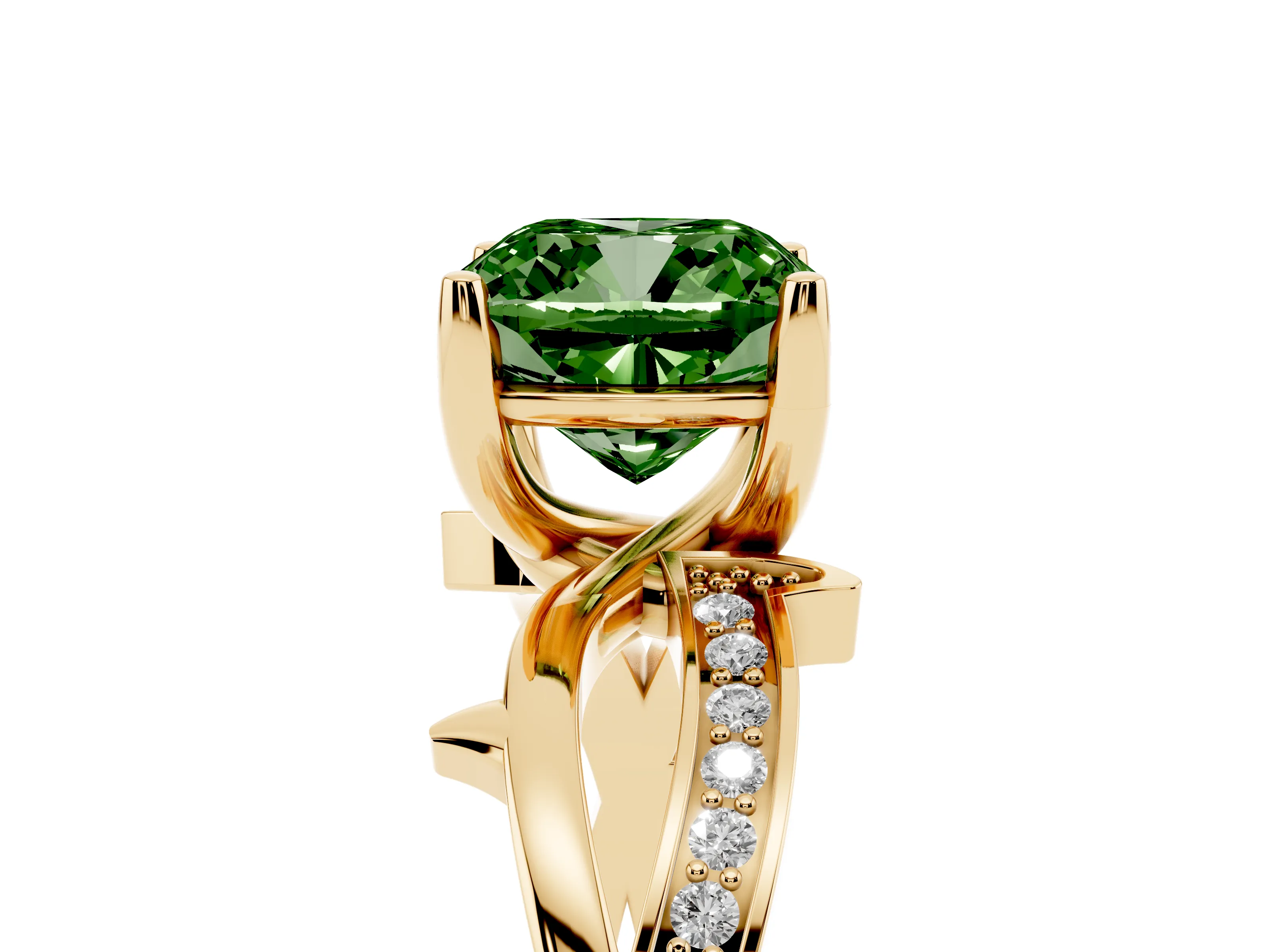 Fancy Green Cushion Cut Diamond Pavé Twist Band Solitaire Ring Set in Yellow gold with Prong Setting