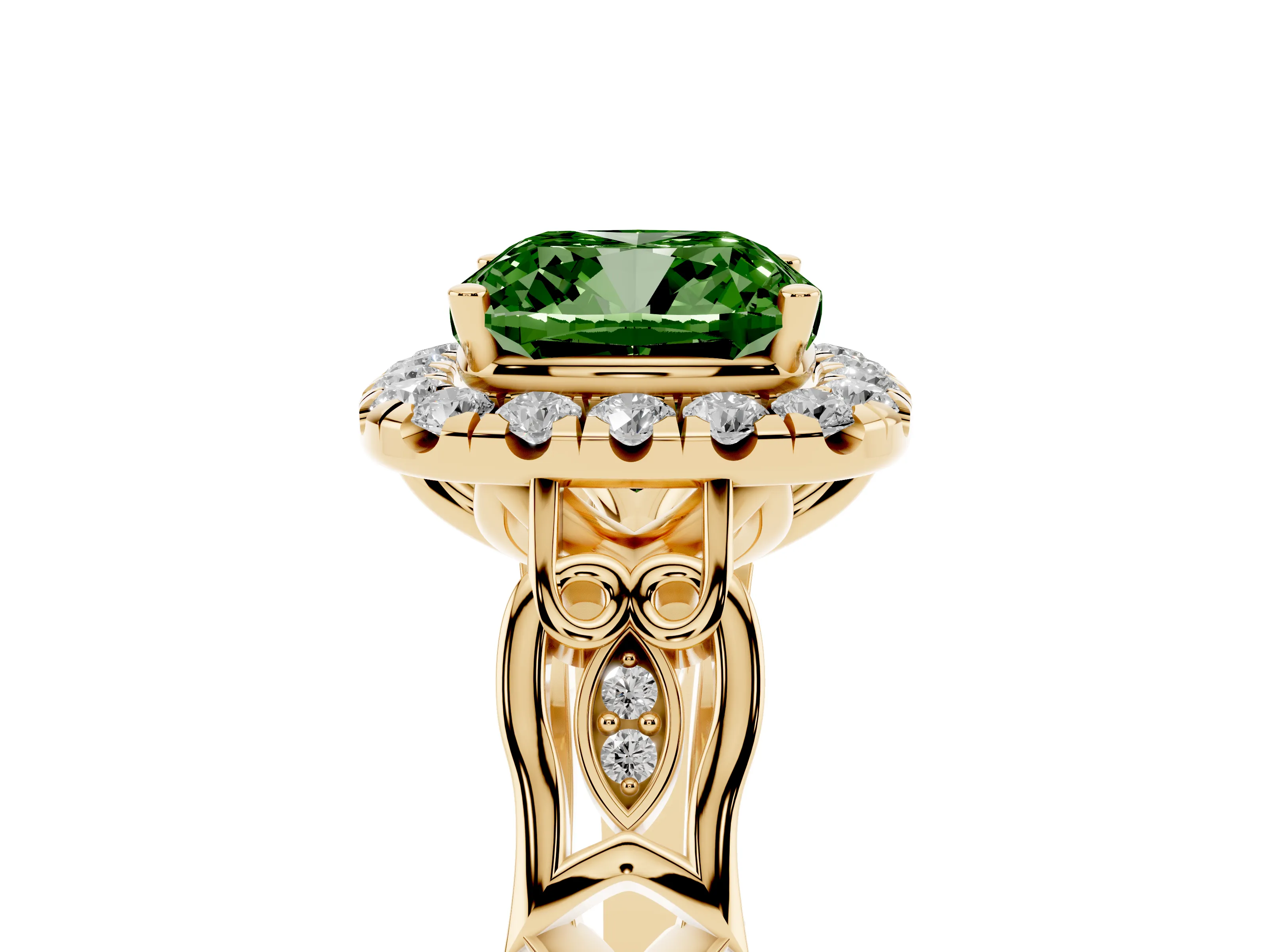 Fancy Green Cushion Cut Diamond Halo Engagement Ring Set in Yellow gold with Filigree Band and Prong-Set Center