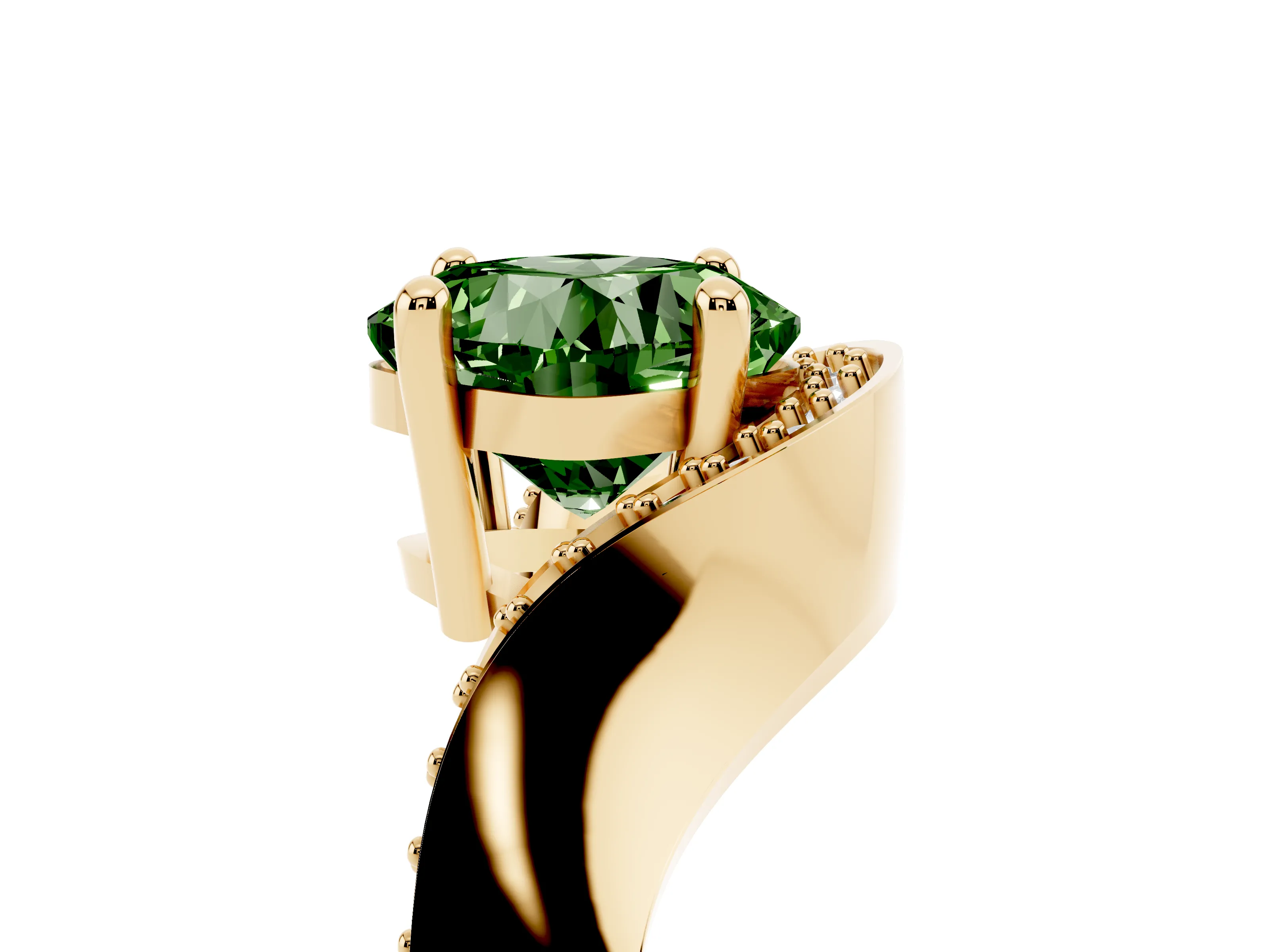 Fancy Green Cushion Cut Diamond Solitaire Engagement Ring Set in Yellow gold with Pavé Shoulders