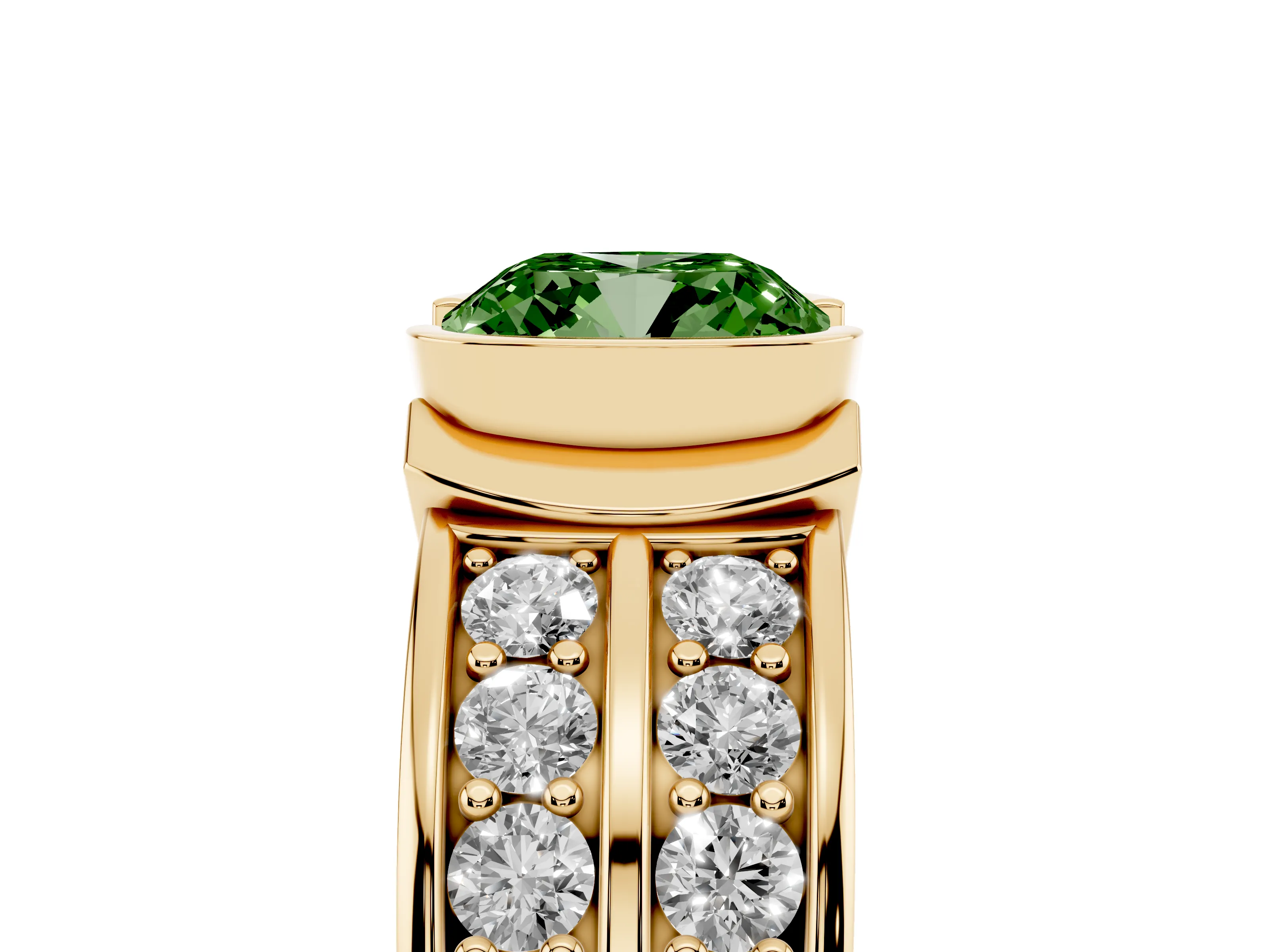 Fancy Green Cushion Cut Diamond Wide Channel Set Band Ring Set in Yellow gold with Bezel Setting