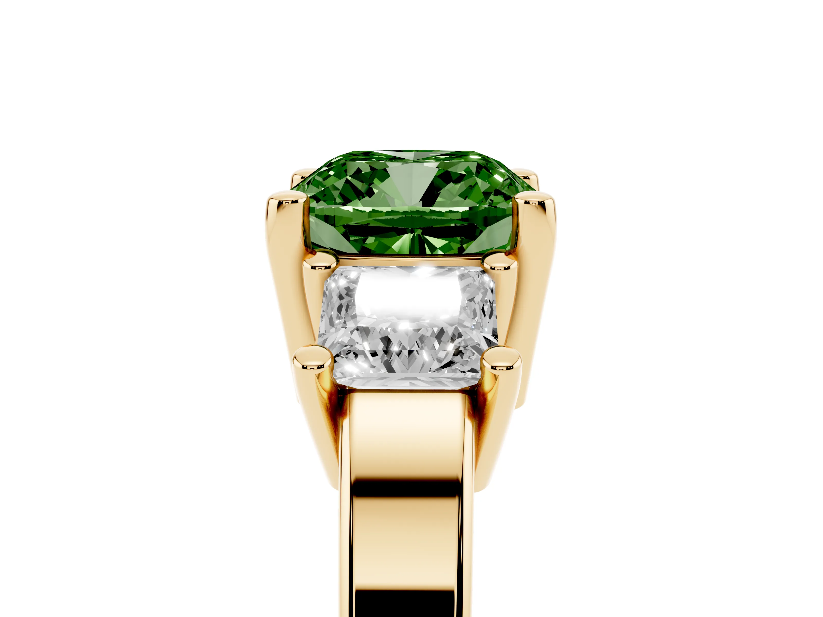 Fancy Green Three-Stone Cushion Cut Diamond Solitaire Ring Set in Yellow gold with Prong Setting