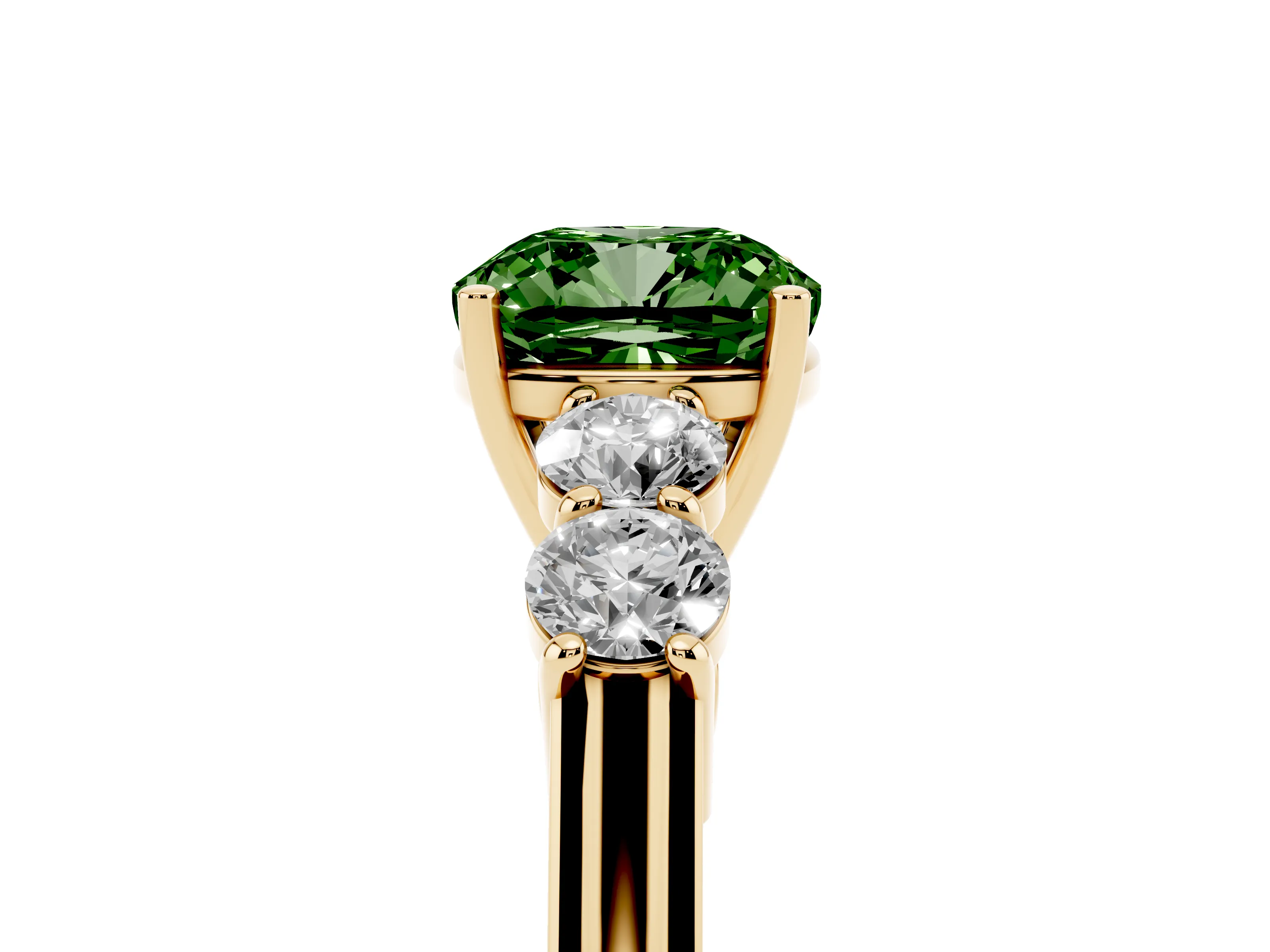 Fancy Green Cushion Cut Diamond Five-Stone Prong Set Band Ring Set in Yellow gold with Polished Band