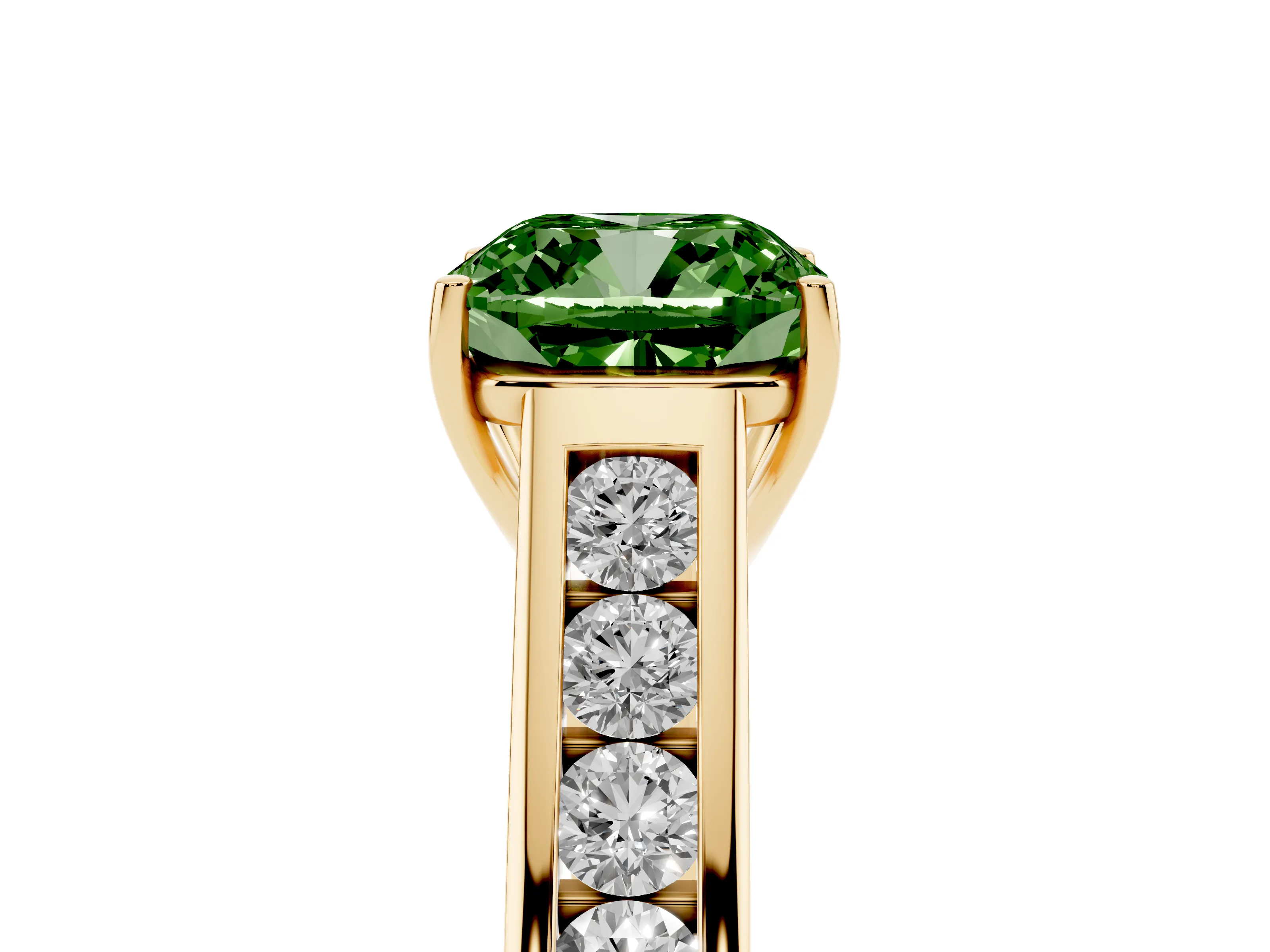 Fancy Green Cushion Cut Diamond Brilliant Channel-Set Solitaire Ring Set in Yellow gold with Prong Setting