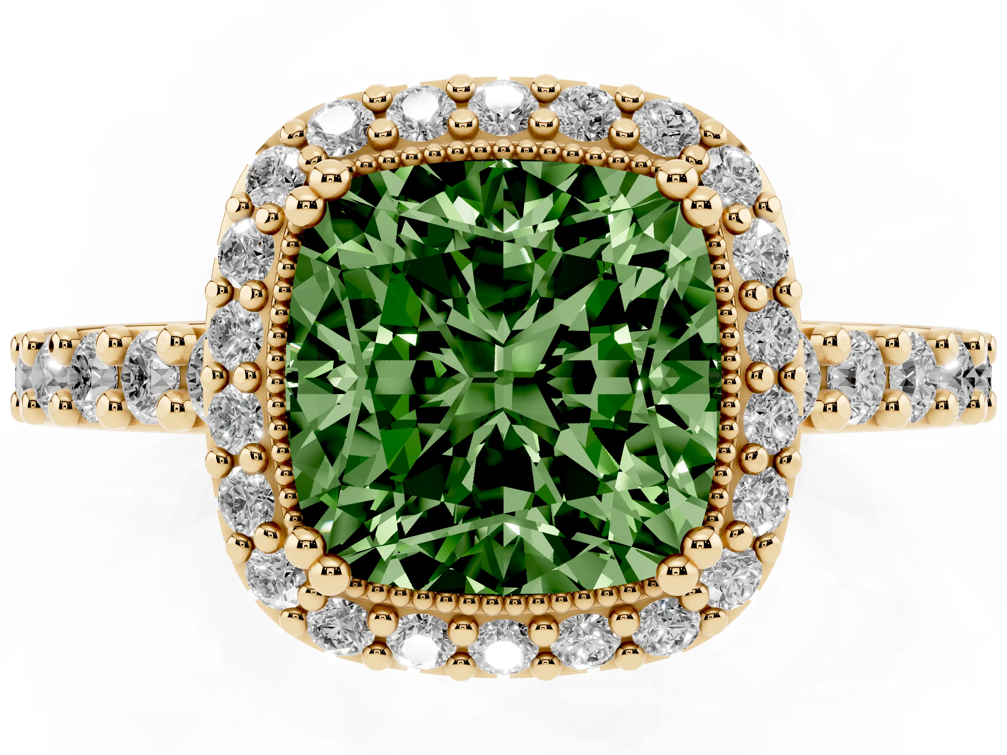 Fancy Green Cushion Cut Diamond Halo Engagement Ring Set in Yellow gold with Milgrain Detail and Pavé Band