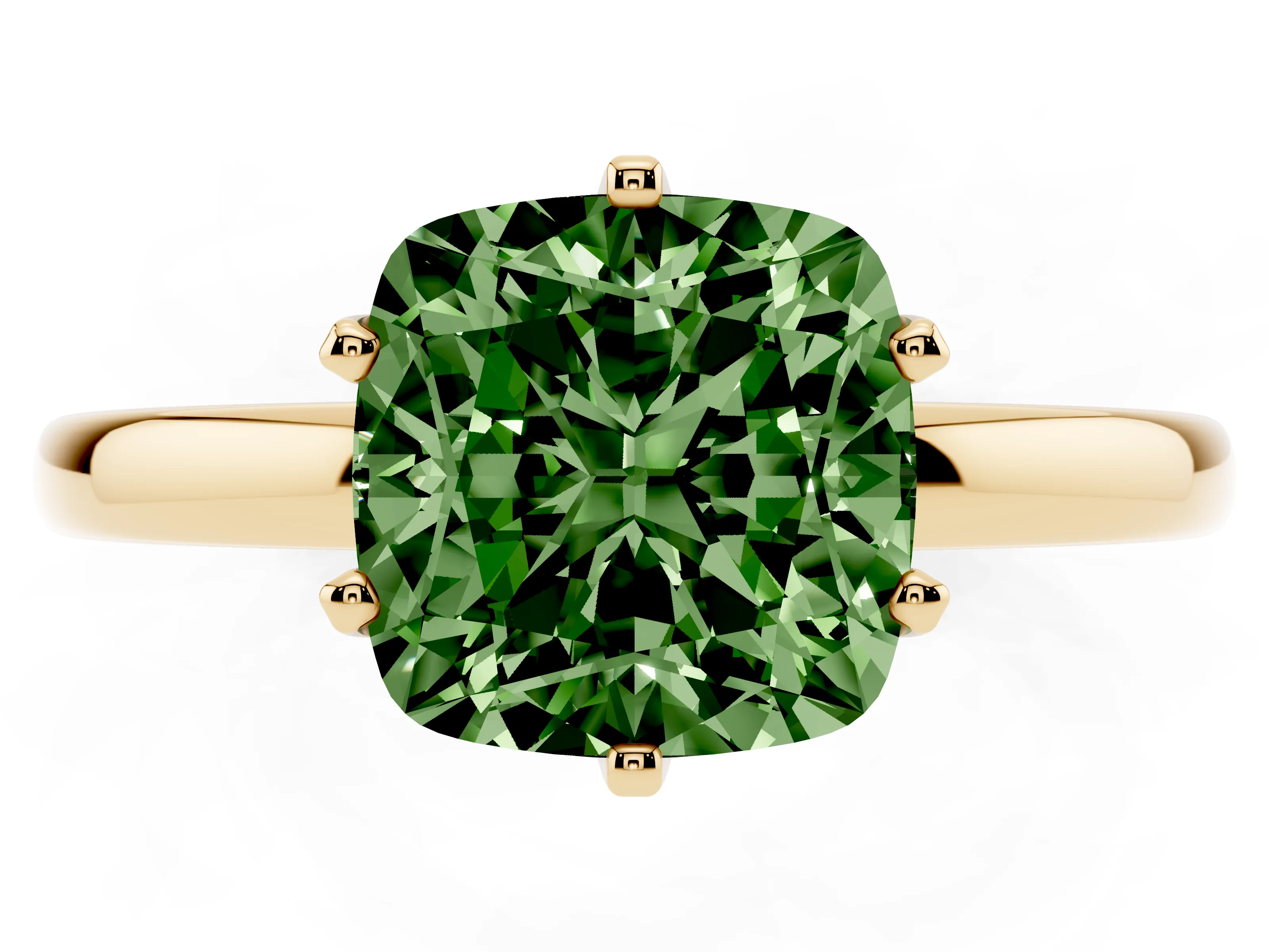 Fancy Green Cushion Cut Diamond Solitaire Ring Set in Yellow gold with Raised Prong Setting on a Classic Band