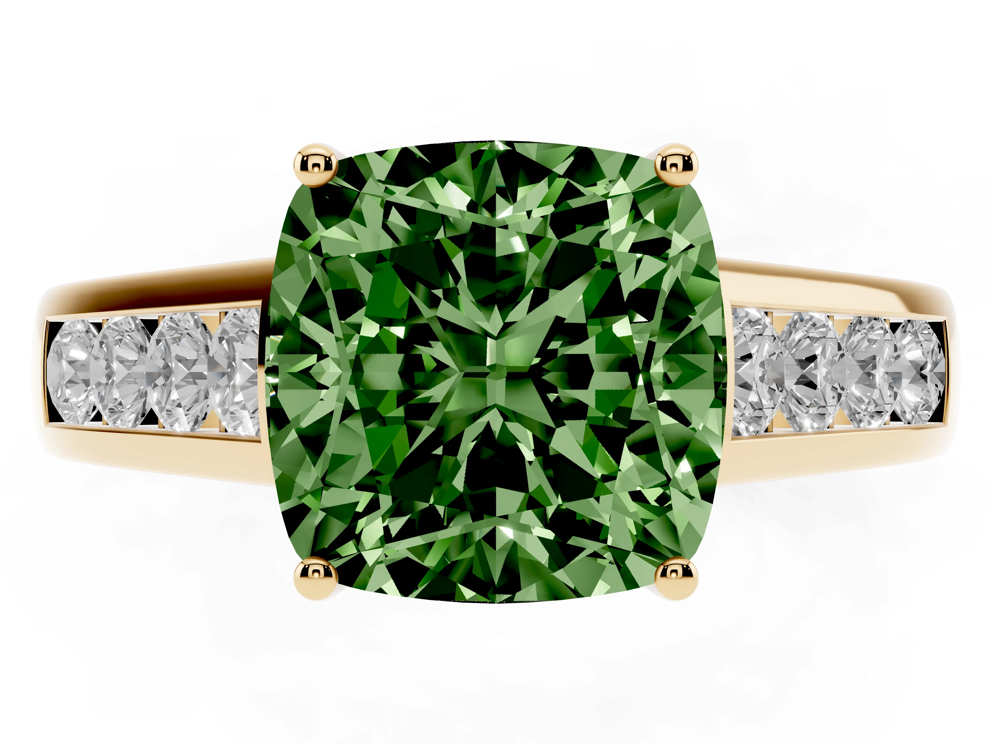 Fancy Green Cushion Cut Diamond Brilliant Channel-Set Solitaire Ring Set in Yellow gold with Prong Setting