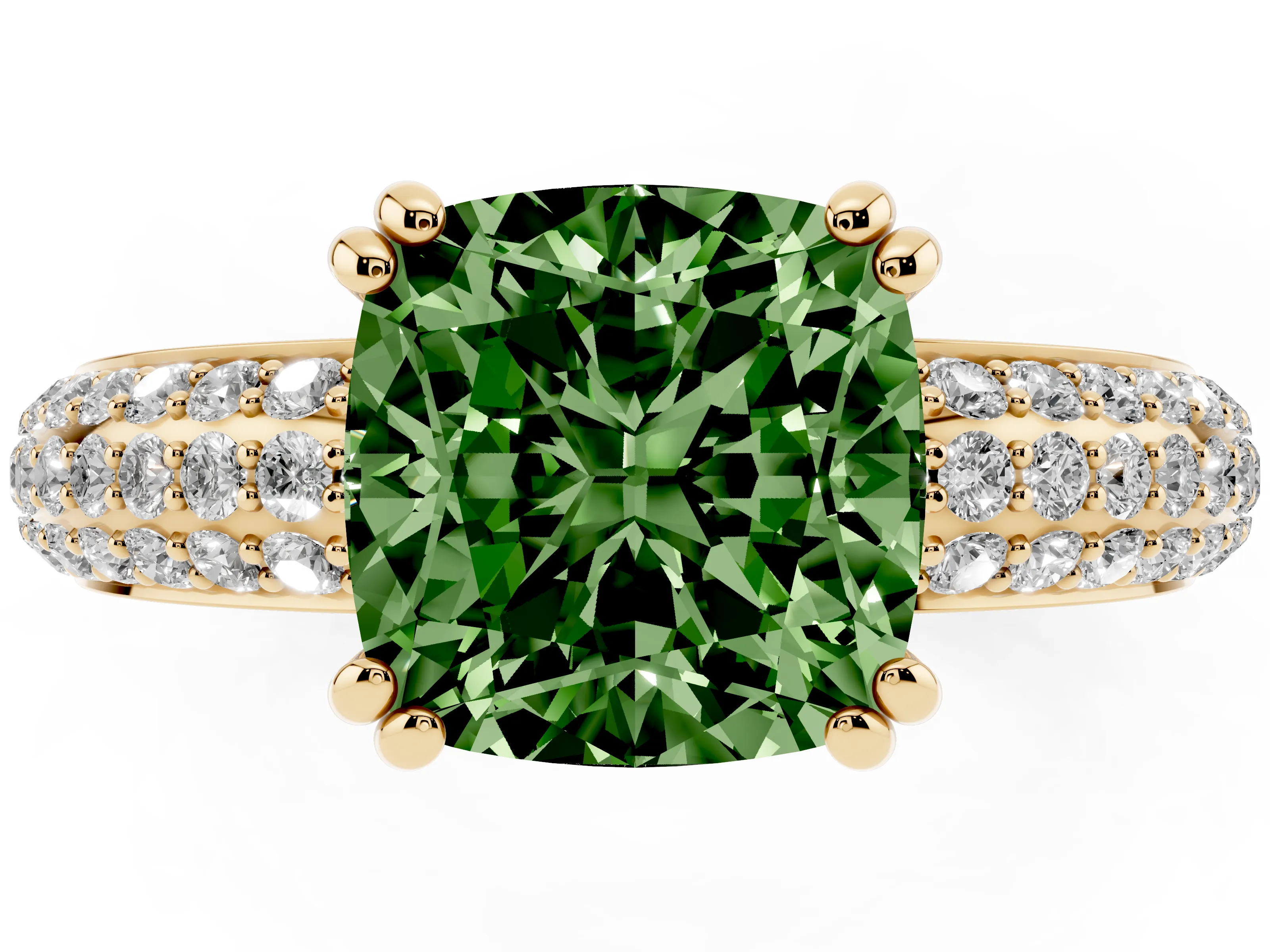 Fancy Green Cushion Cut Diamond Solitaire Ring Set in Yellow gold with Multi-Row Round Pavé Band and Prong Setting