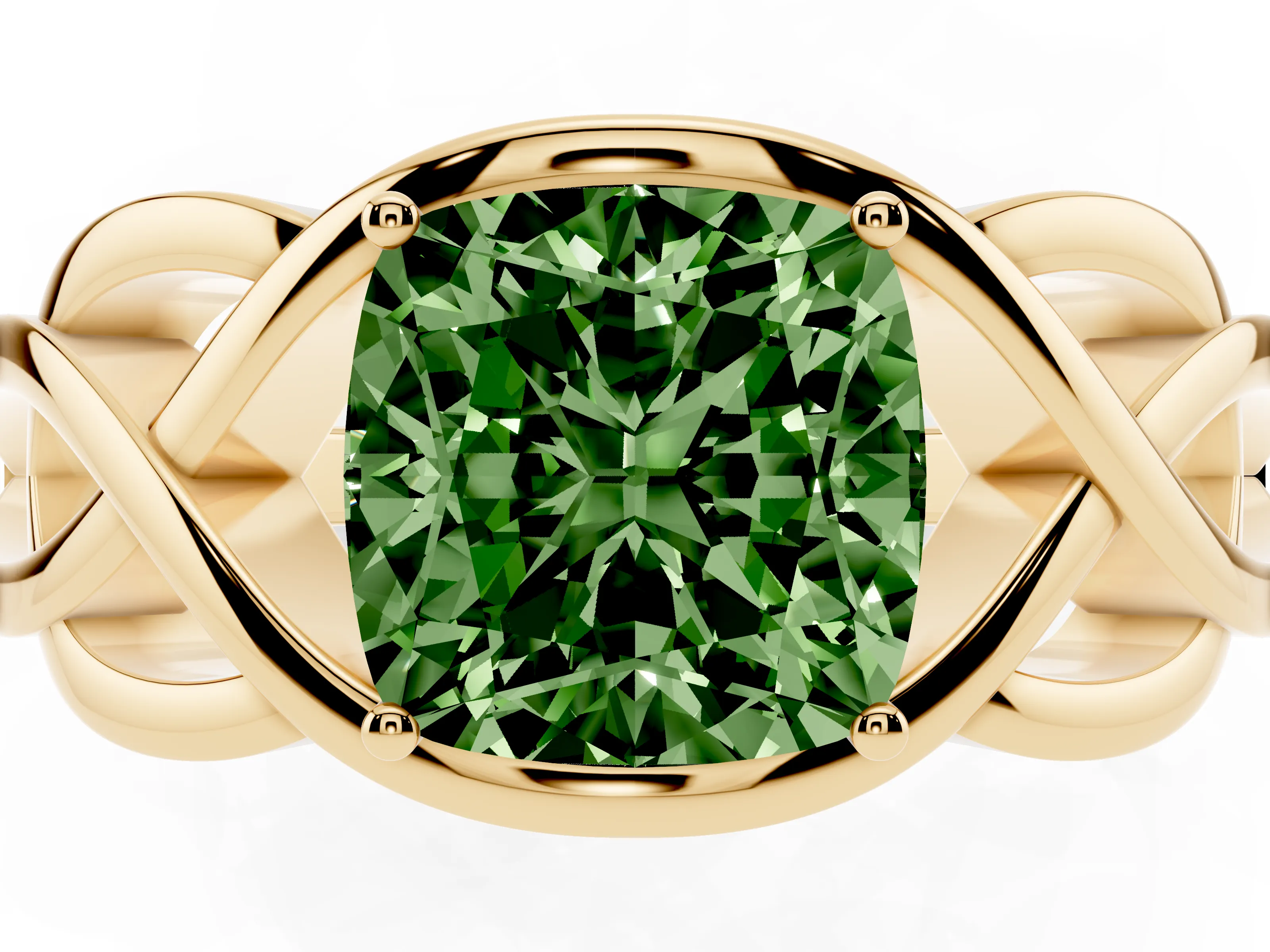 Fancy Green Cushion Cut Diamond Solitaire Ring Set in Yellow gold with Intertwined Band