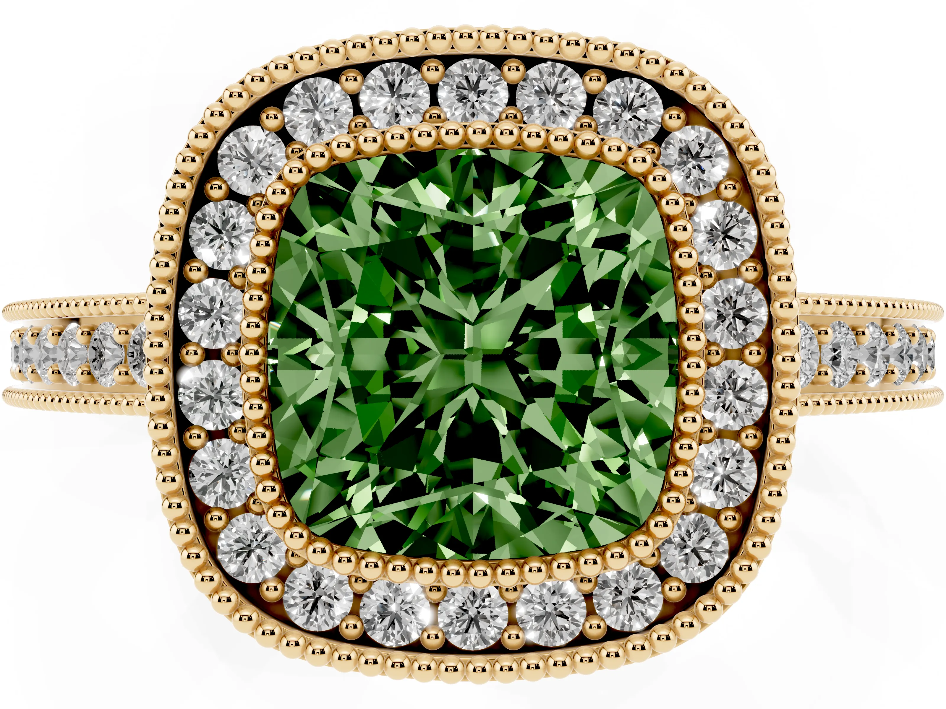 Fancy Green Cushion Cut Diamond Round Halo Ring Set in Yellow gold with Pavé Band