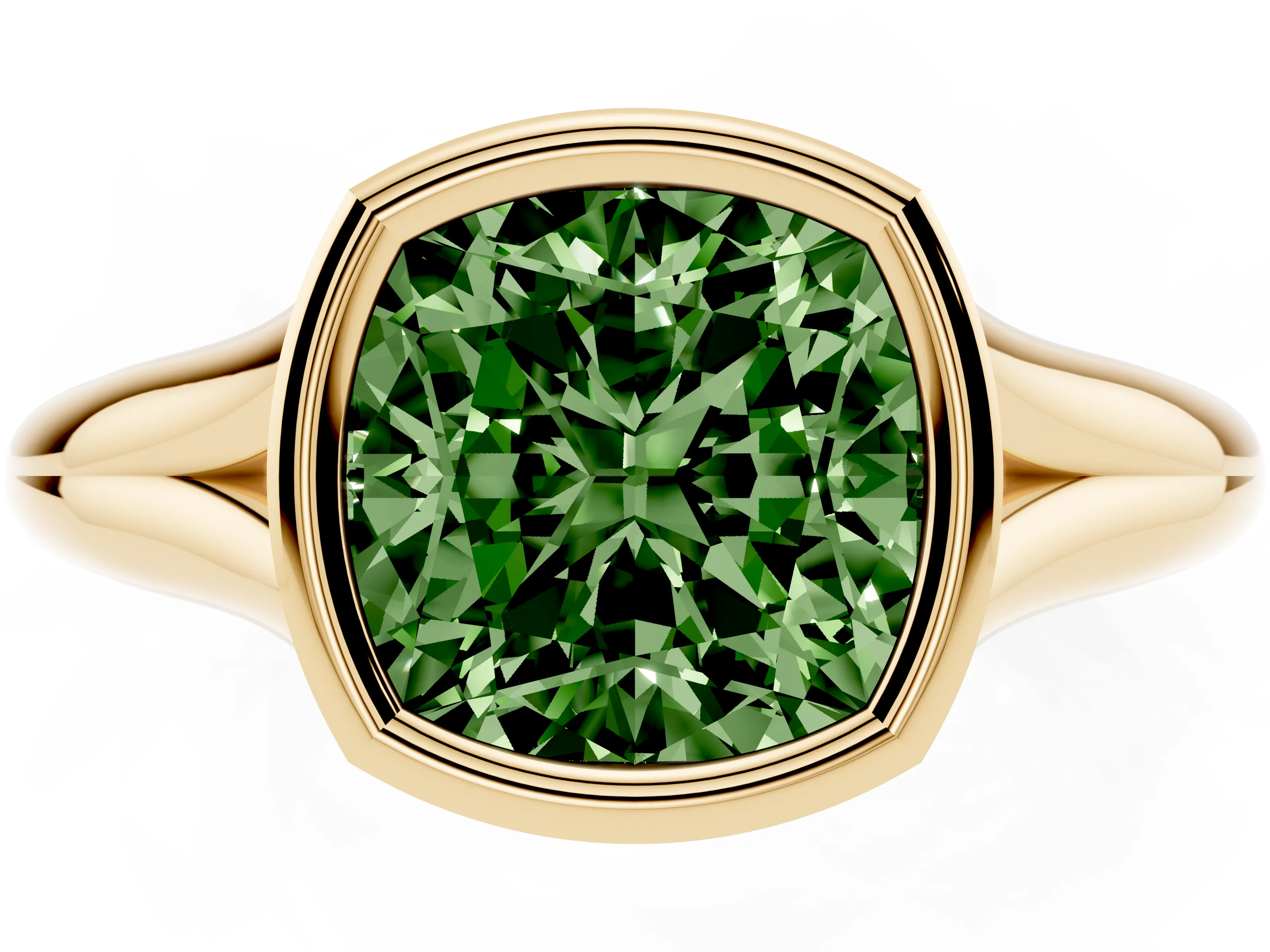 Fancy Green Bezel Set Cushion Cut Diamond Solitaire Ring Set in Yellow gold with Smooth Band