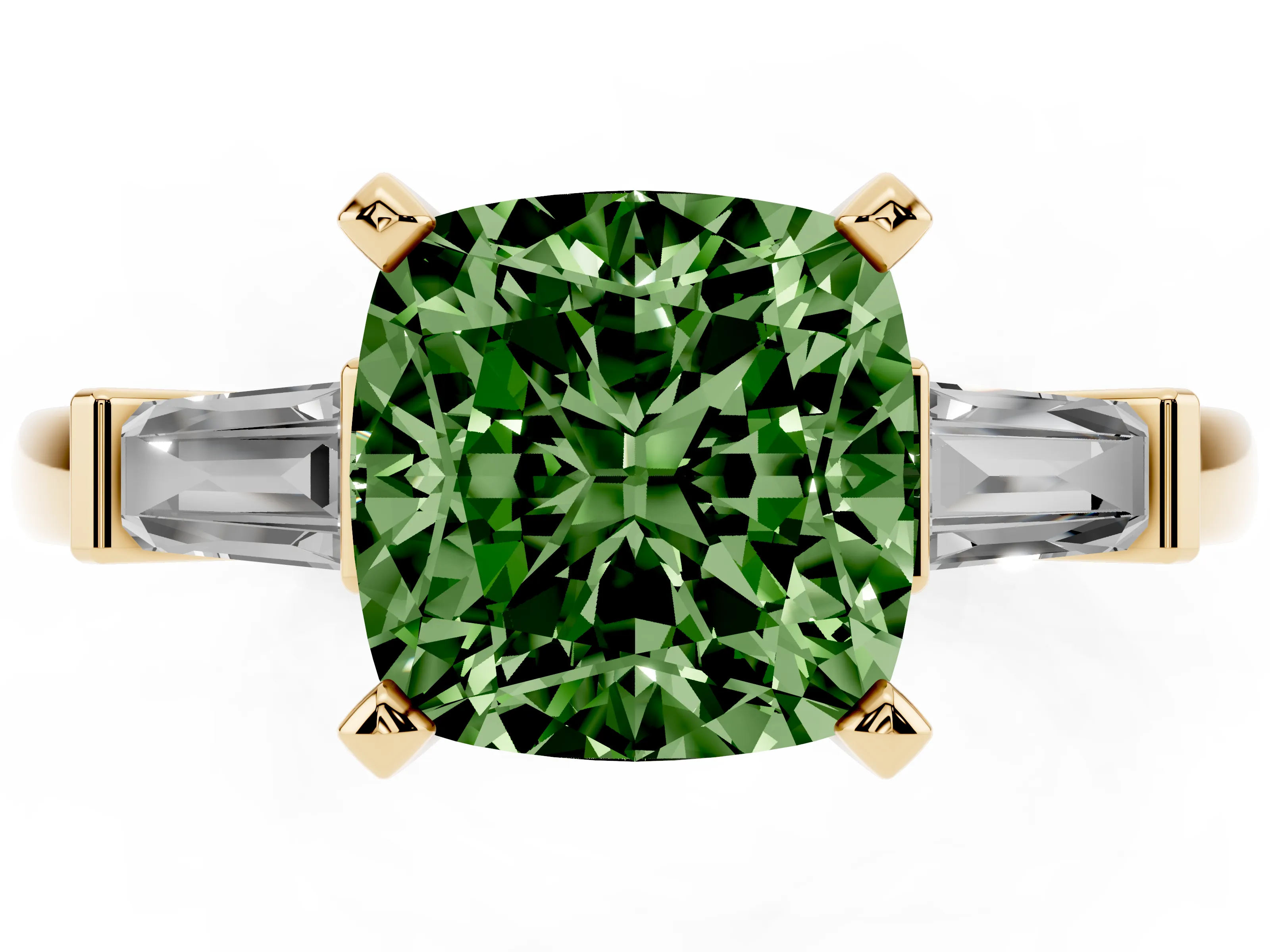 Fancy Green Cushion Cut Diamond Solitaire Ring Set in Yellow gold with Tapered Baguette Accents and Prong Setting
