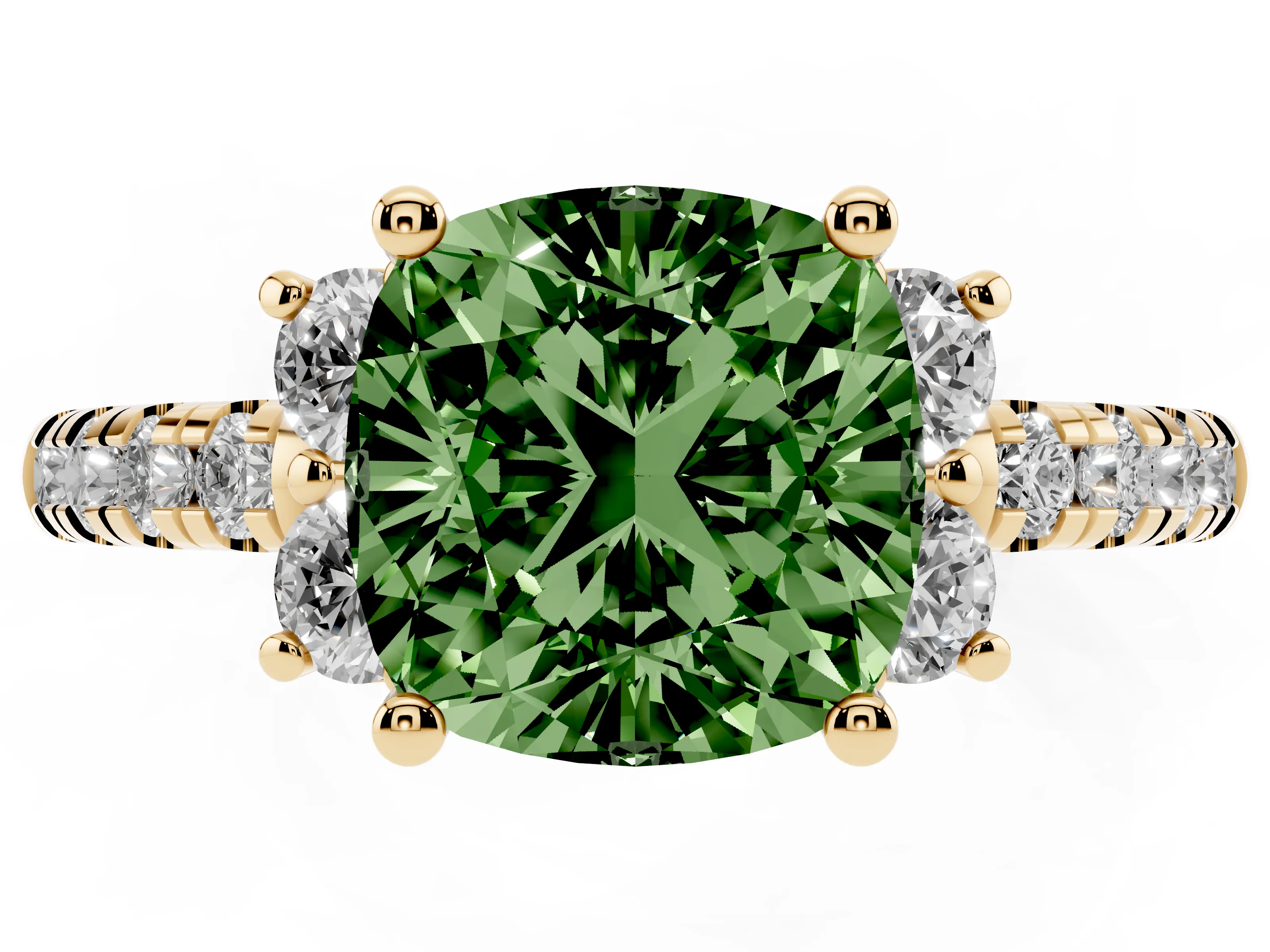 Fancy Green Cushion Cut Diamond Three-Stone Pavé Ring Set in Yellow gold with Prong Setting