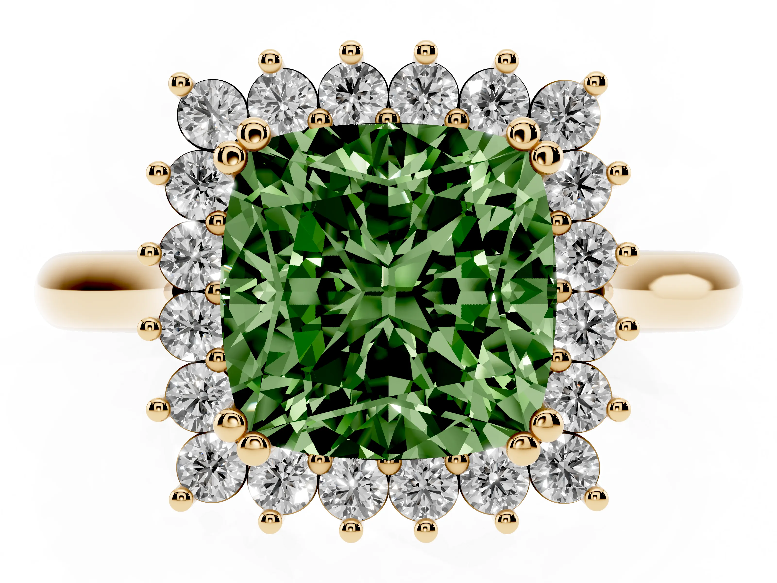 Fancy Green Cushion Cut Diamond Halo Ring Set in Yellow gold with Plain Solitaire Band and Prong Setting