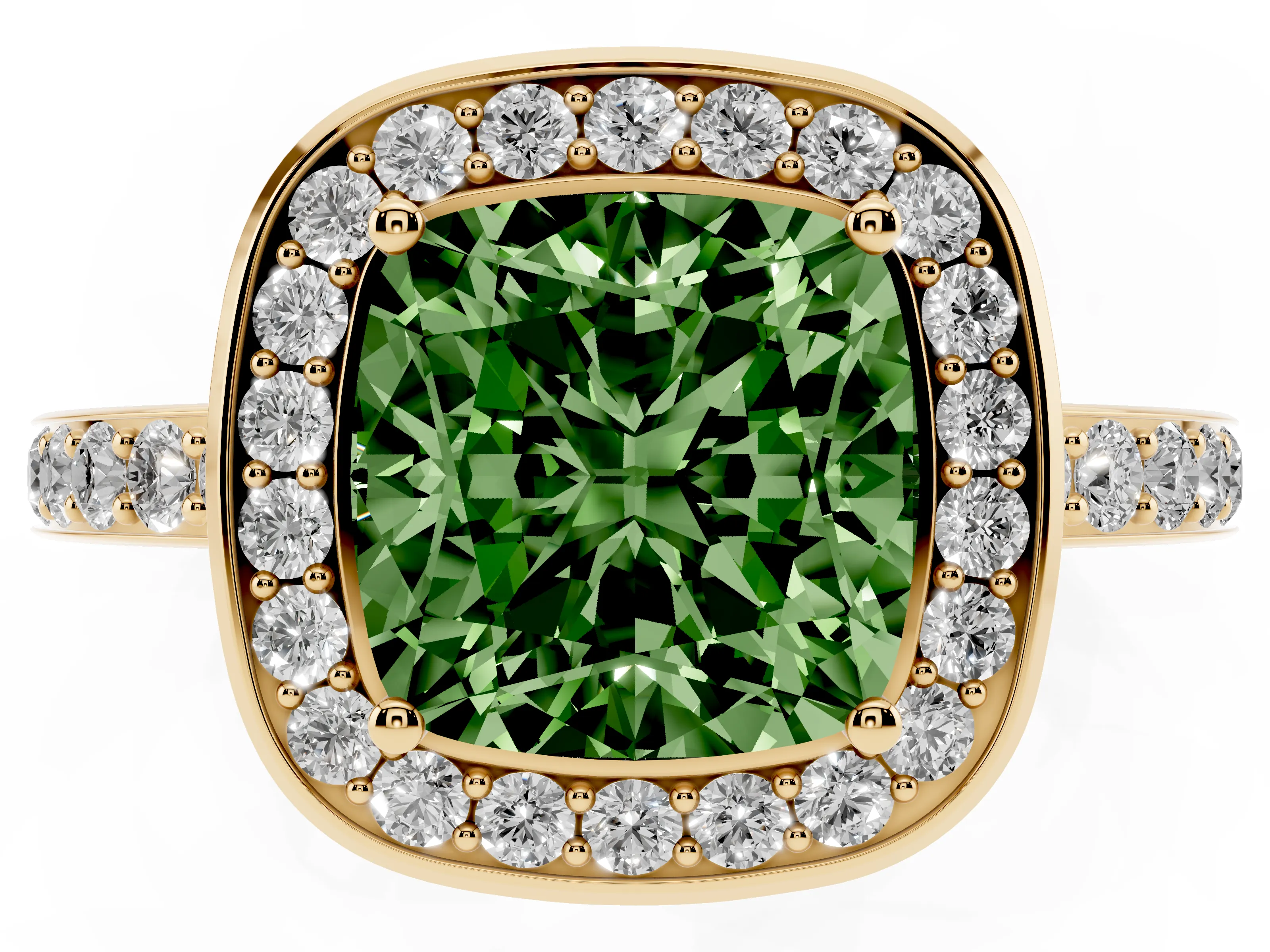 Fancy Green Cushion Cut Diamond Halo Ring Set in Yellow gold with Bezel Frame and Pavé Band
