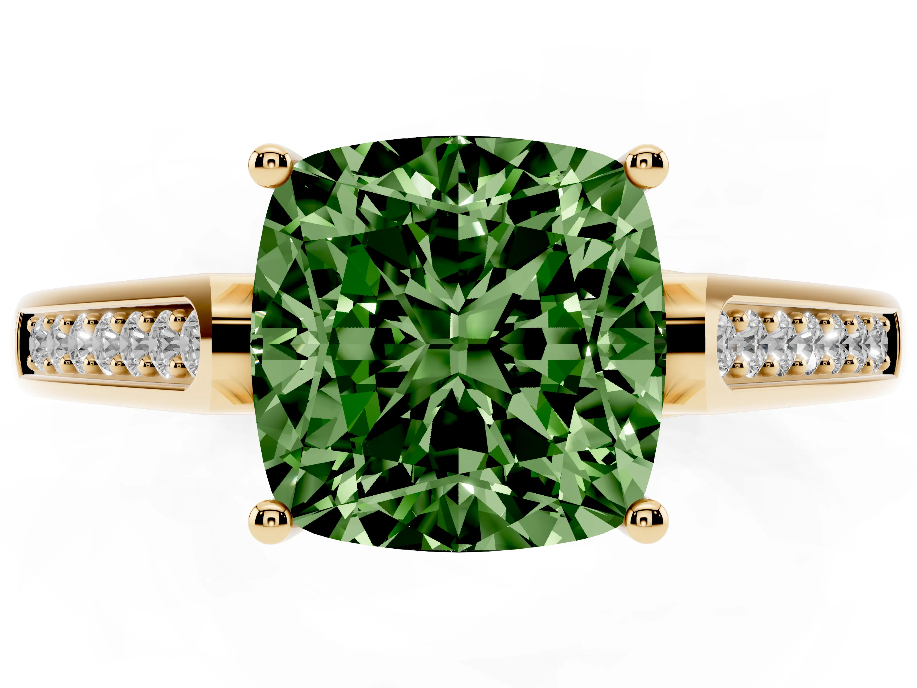 Fancy Green Cushion Cut Diamond Solitaire Cathedral Engagement Ring Set in Yellow gold with Channel-Set Band and Prong Setting