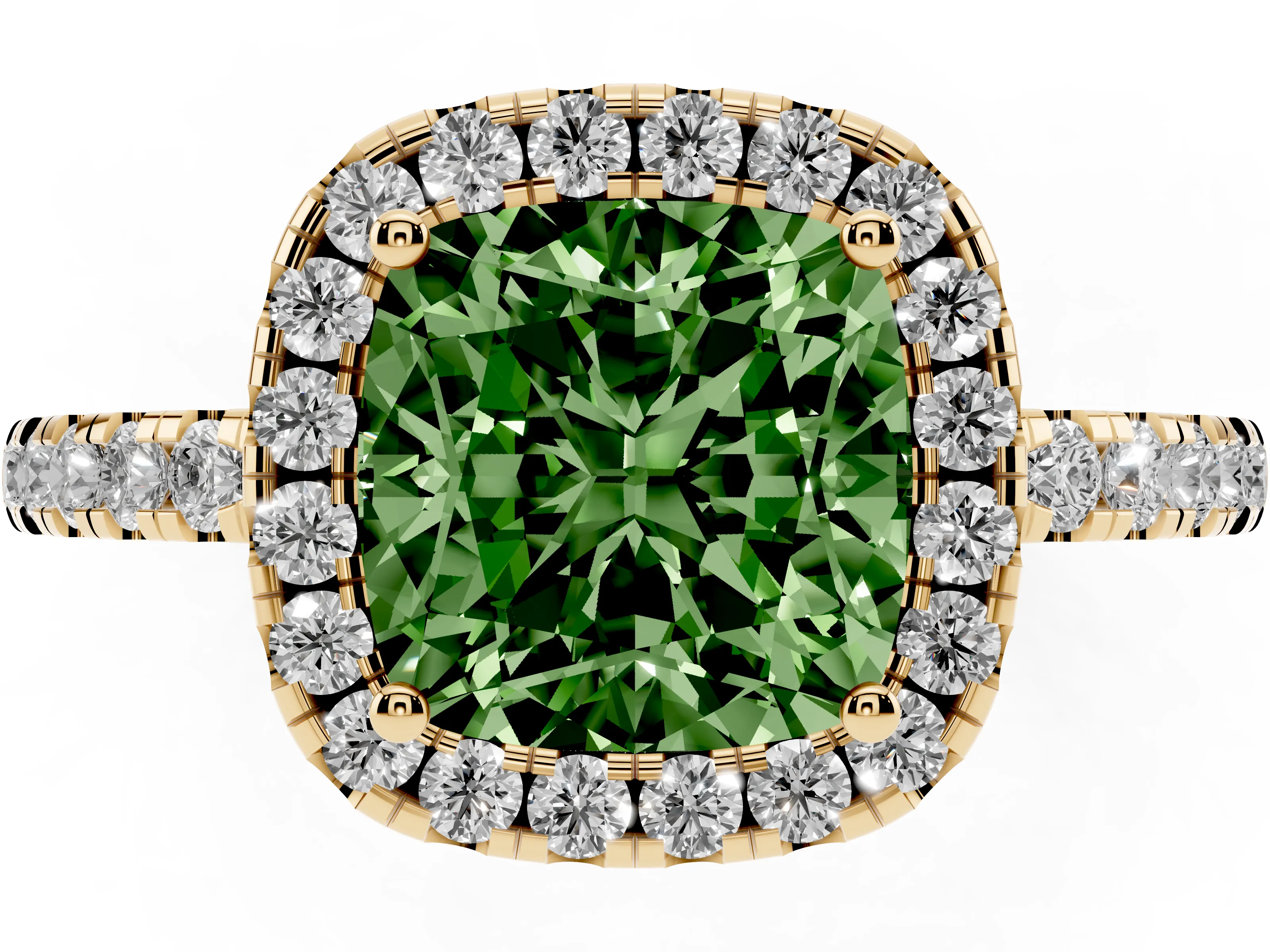 Fancy Green Cushion Cut Diamond Pavé Band Halo Engagement Ring Set in Yellow gold with Prong Setting