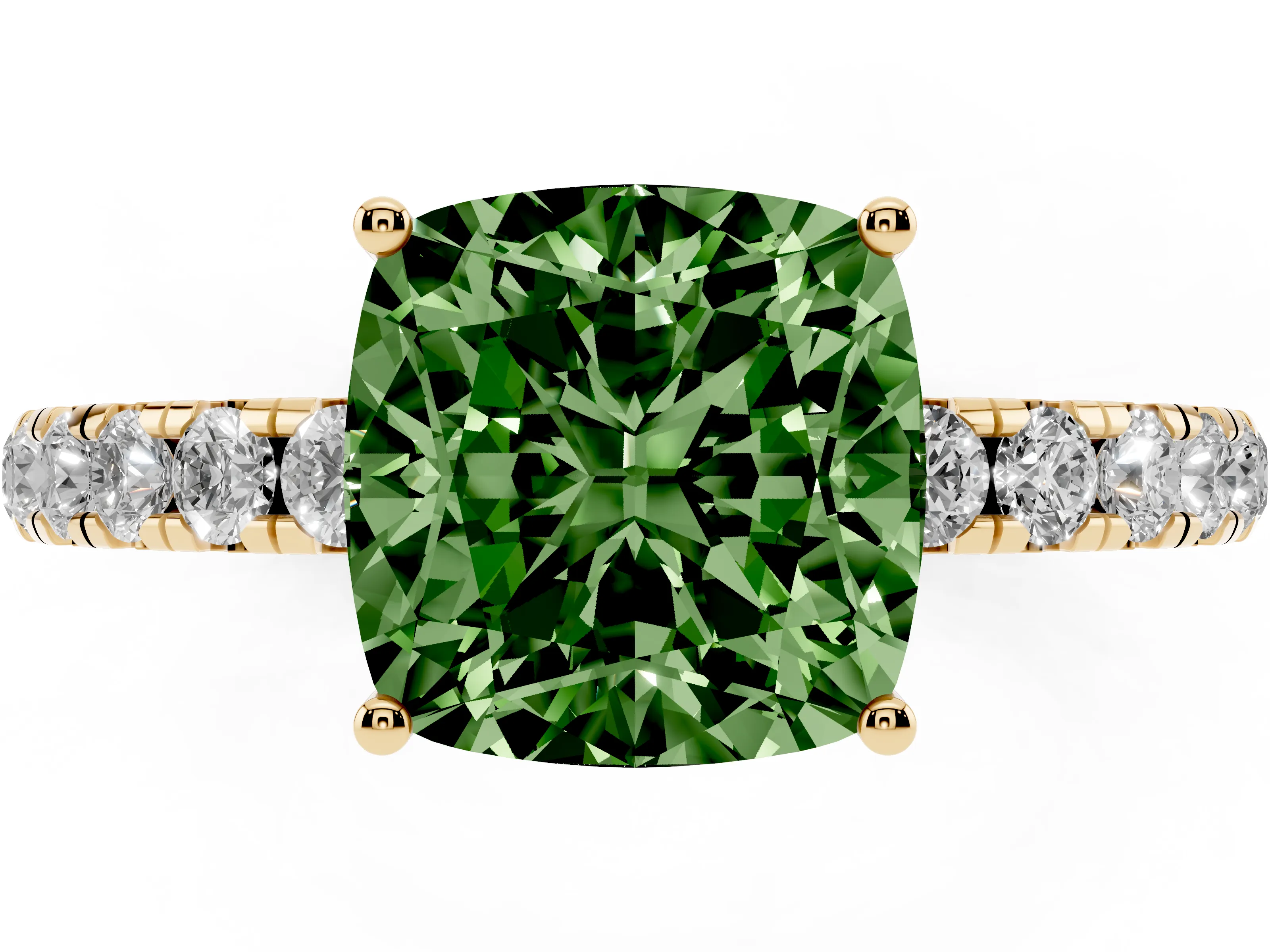 Fancy Green Cushion Cut Diamond Pavé Solitaire Engagement Ring Set in Yellow gold with Prong Setting