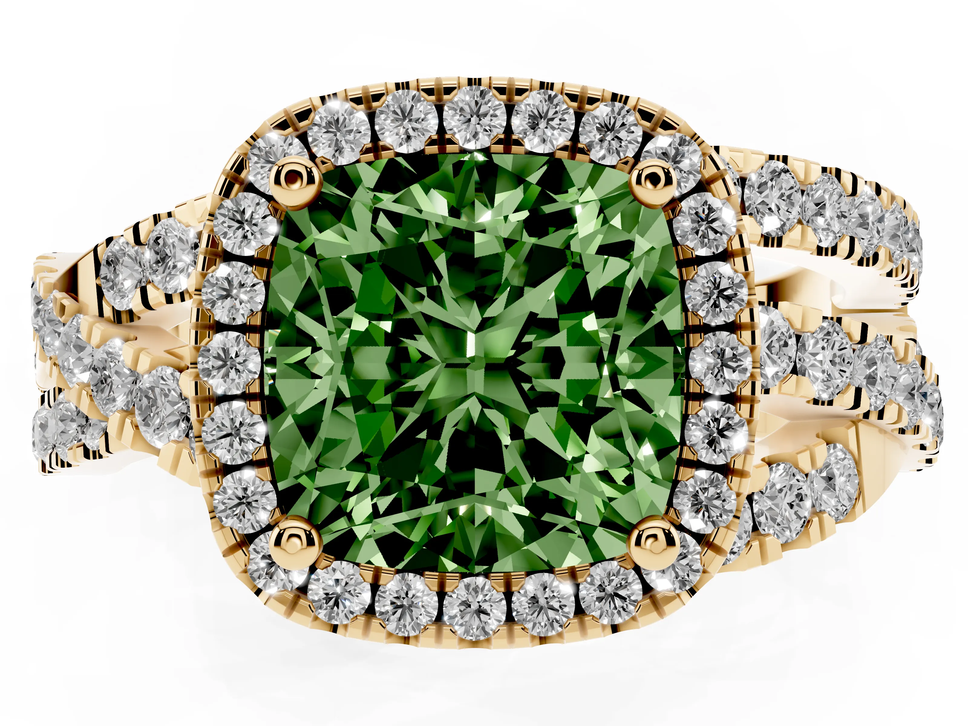 Fancy Green Cushion Cut Diamond Halo Ring Set in Yellow gold with Round Crossover Split Shank and Prong Setting