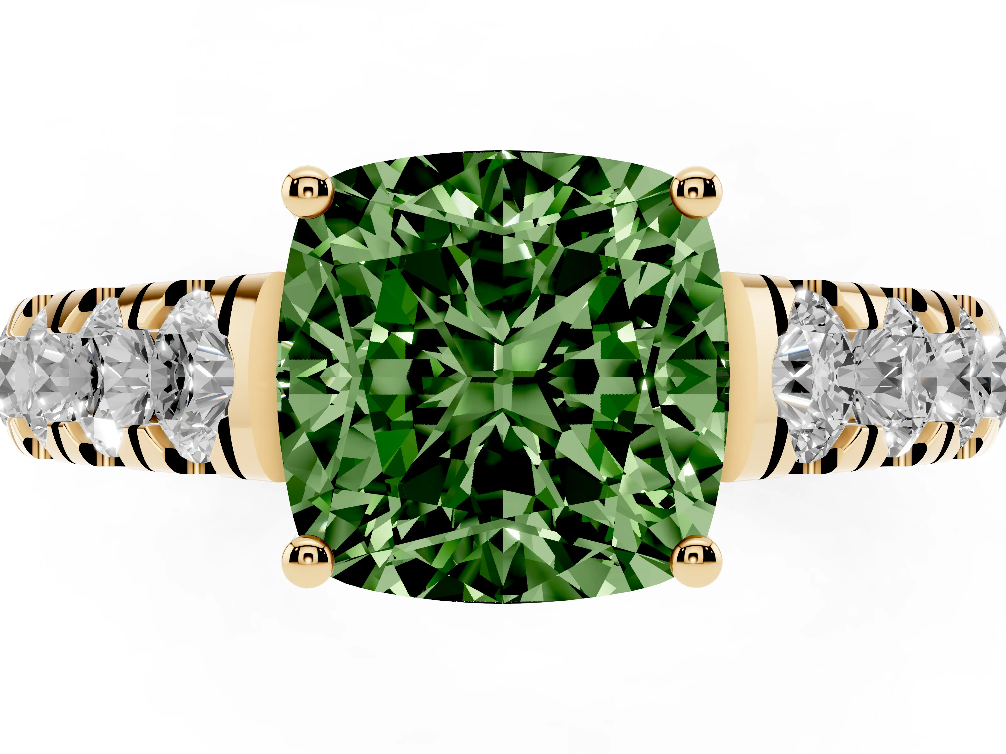 Fancy Green Cushion Cut Diamond Solitaire Ring Set in Yellow gold with Cut-Down Micro Pavé Band and Prong Setting