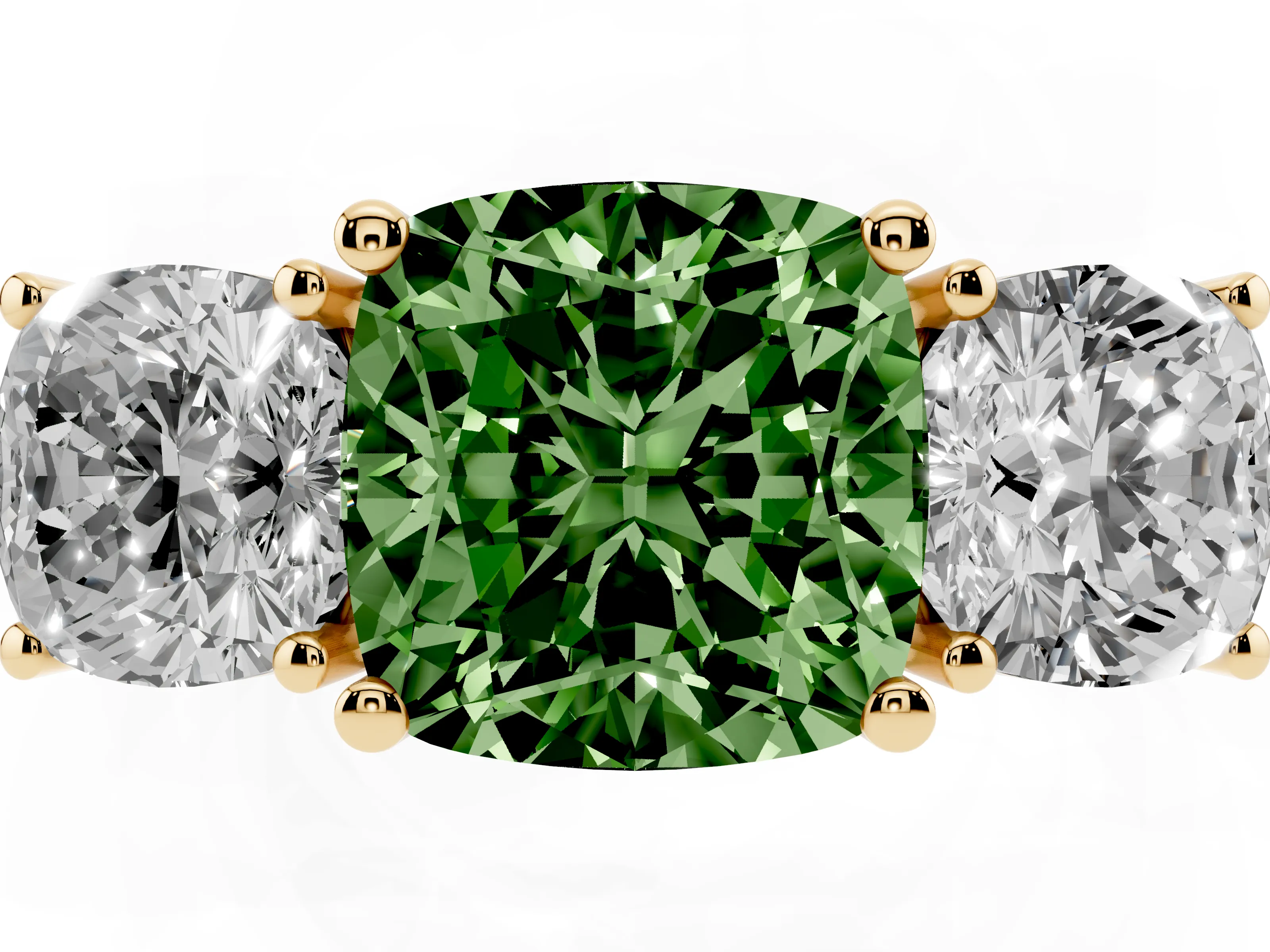 Fancy Green Cushion Cut Diamond Three-Stone Engagement Ring Set in Yellow gold with Flat Band