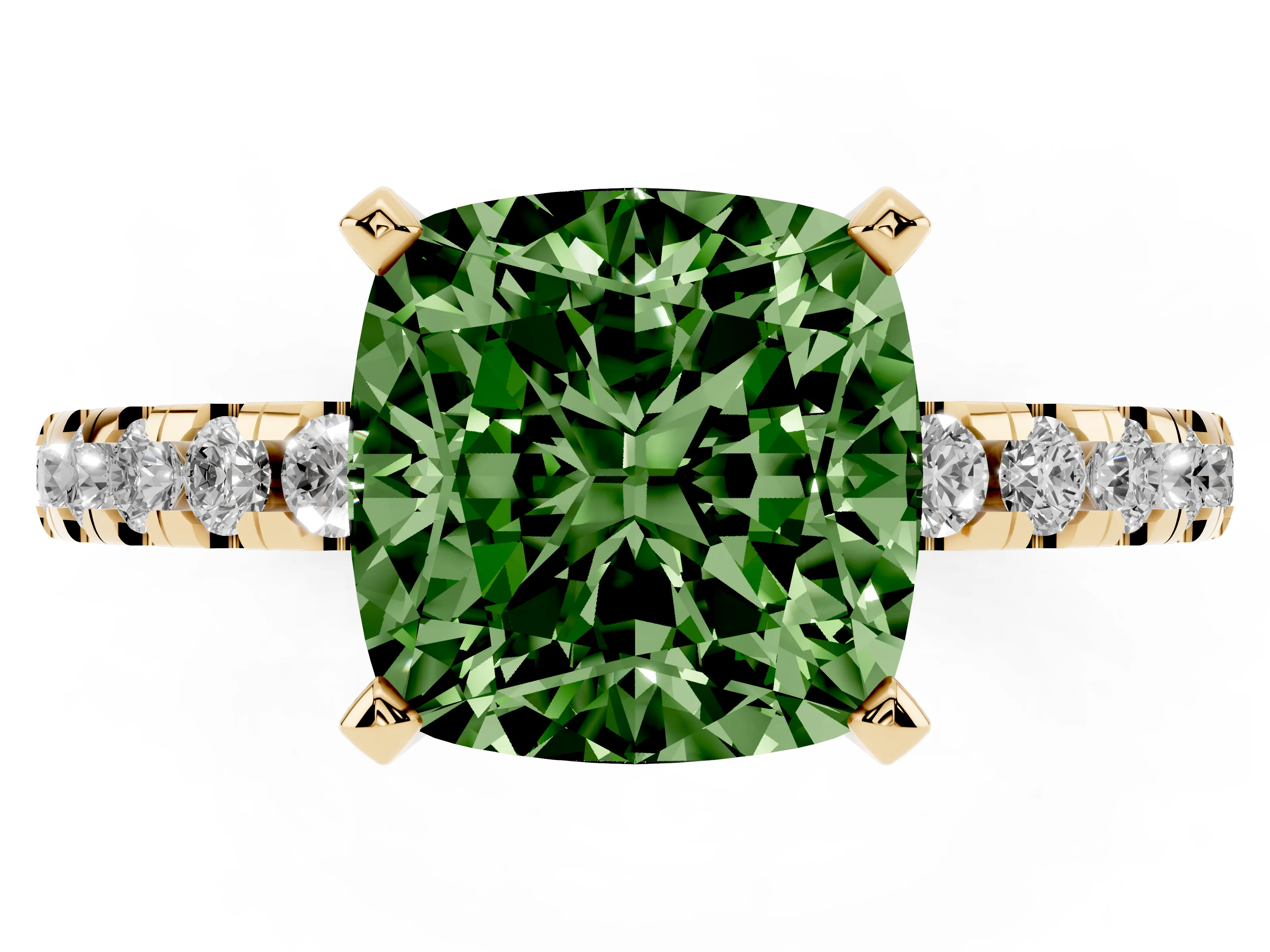 Fancy Green Cushion Cut Diamond Pavé Solitaire Ring Set in Yellow gold with Round Band Accents and Prong Setting