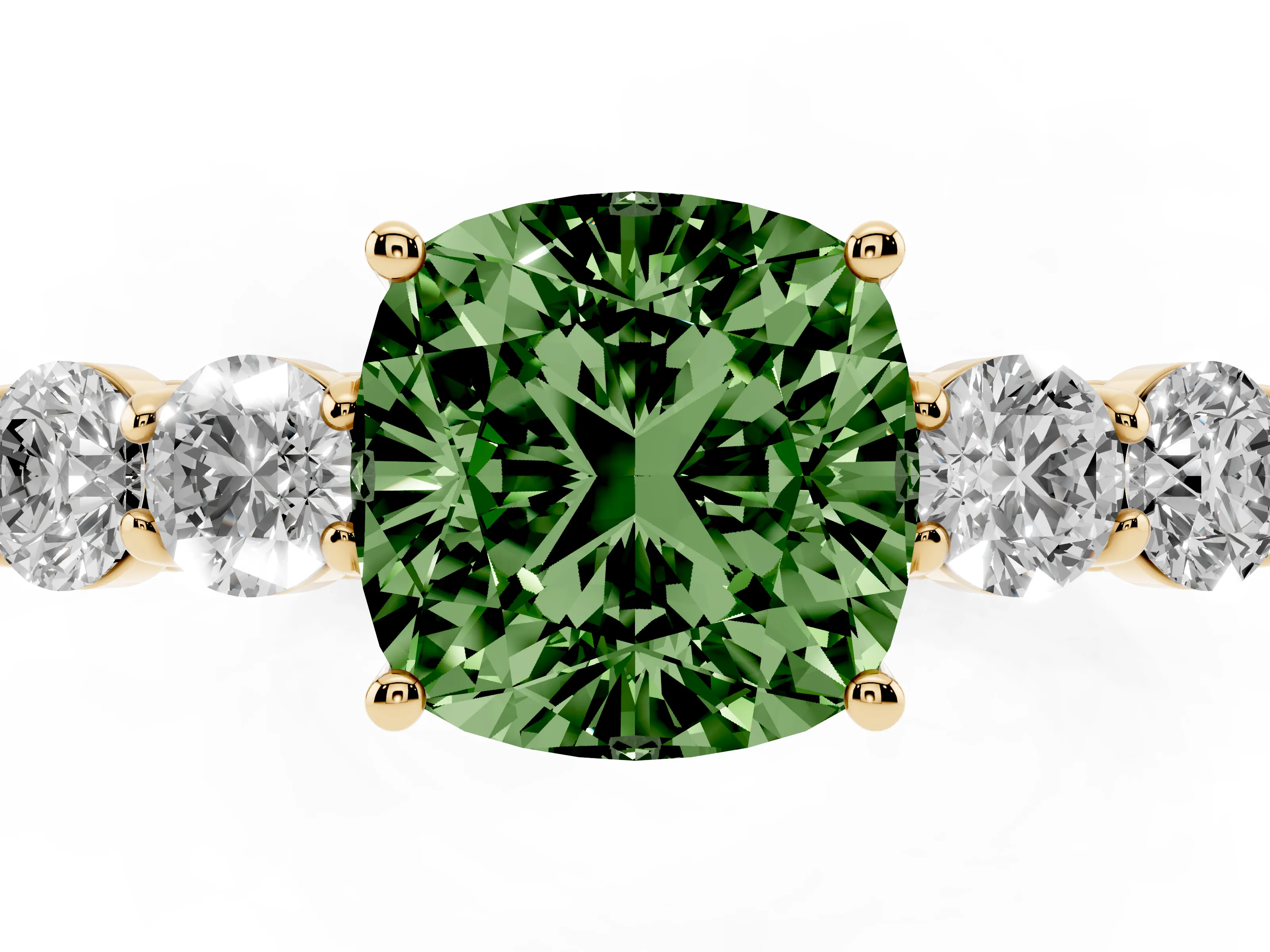 Fancy Green Cushion Cut Diamond Five-Stone Prong Set Band Ring Set in Yellow gold with Polished Band