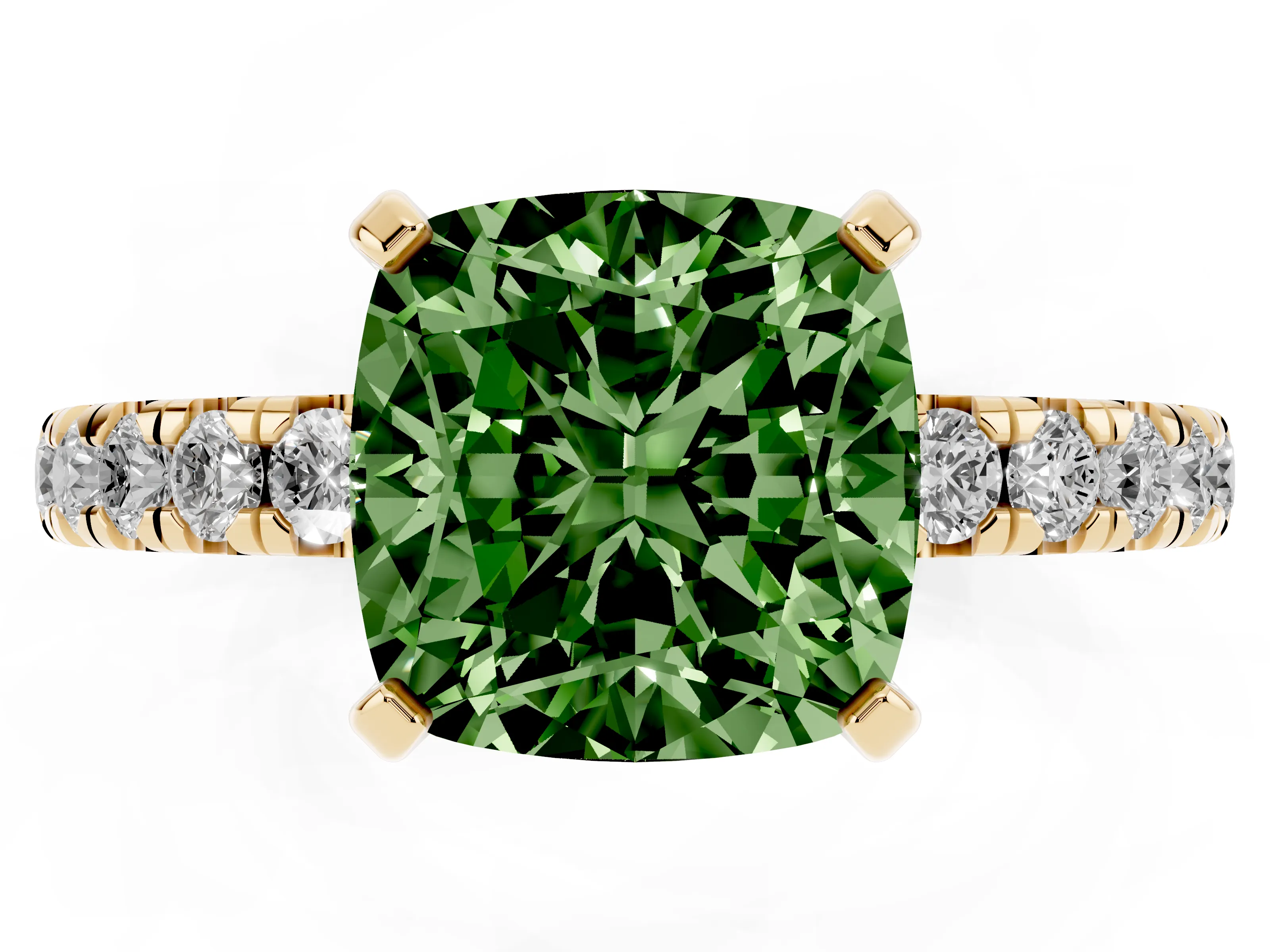 Fancy Green Cushion Cut Diamond Pavé Solitaire Ring Set in Yellow gold with Round Band and Prong Setting