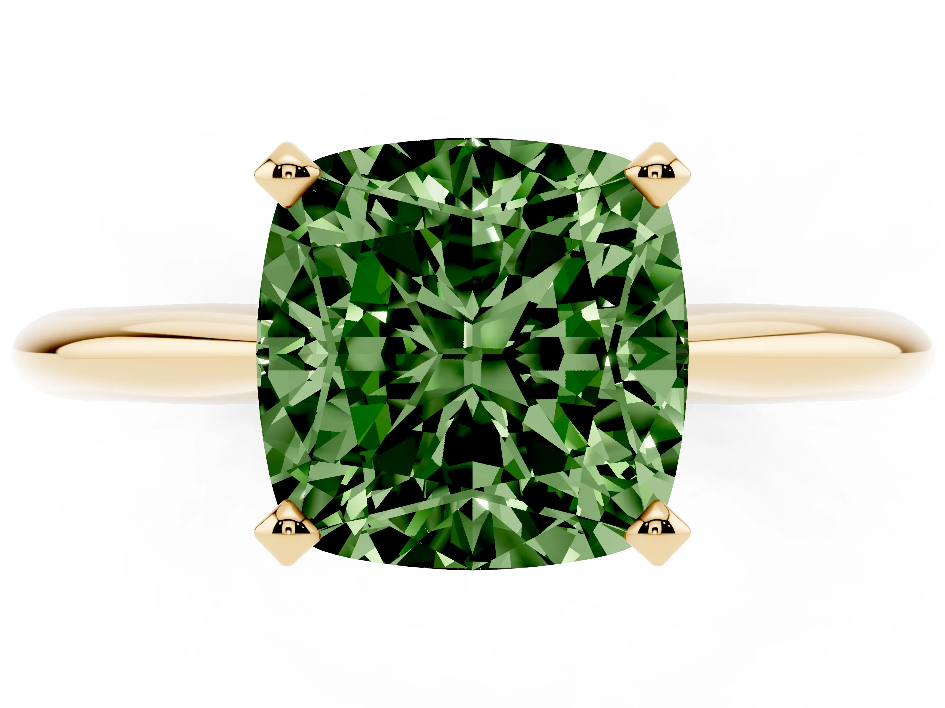 Fancy Green Cushion Cut Diamond Solitaire Ring Set in Yellow gold with Prong Setting on a Plain Round Band