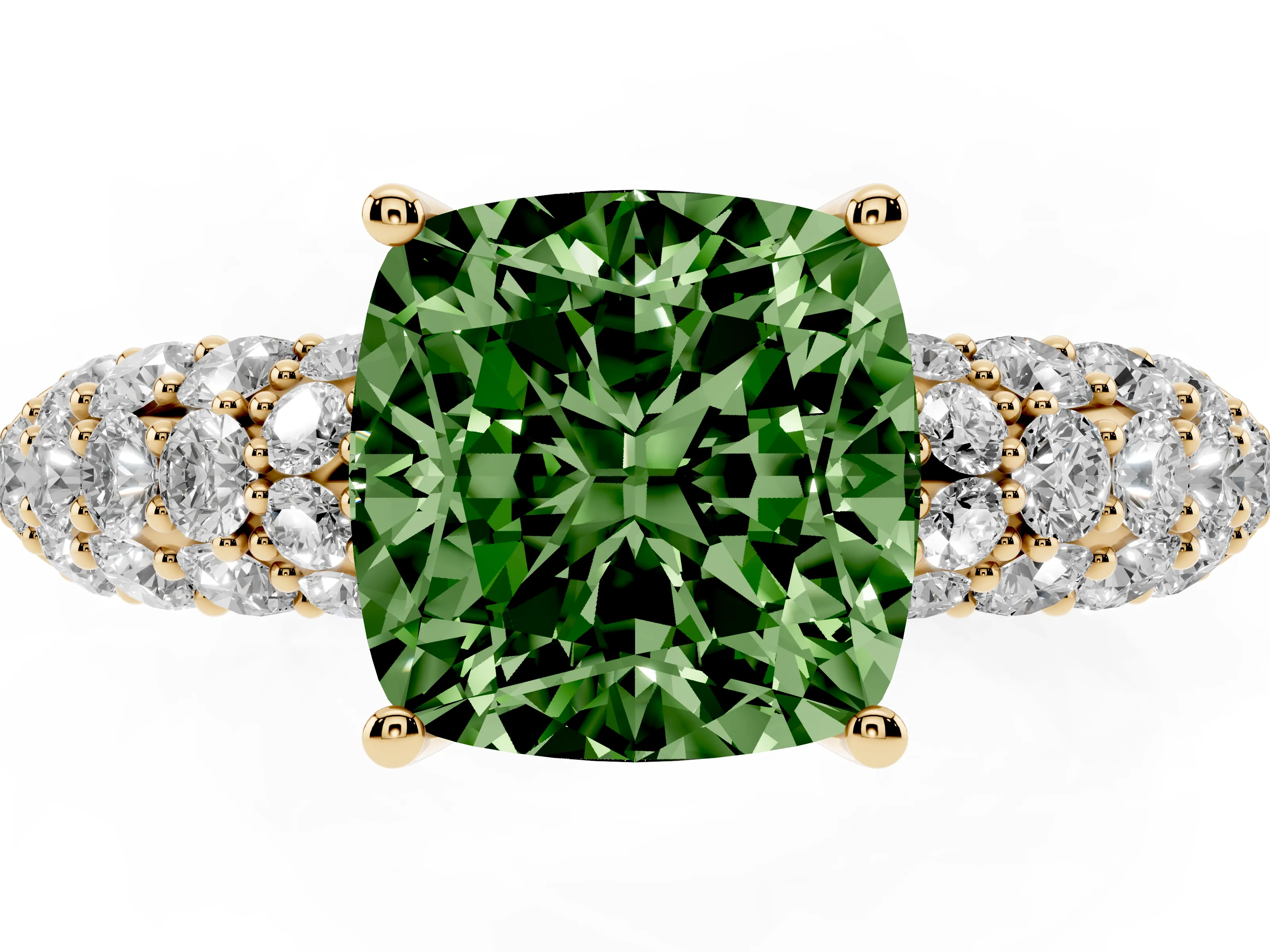 Fancy Green Cushion Cut Diamond Pavé Band Solitaire Ring Set in Yellow gold with Close-Set Accent Stones and Prong Setting