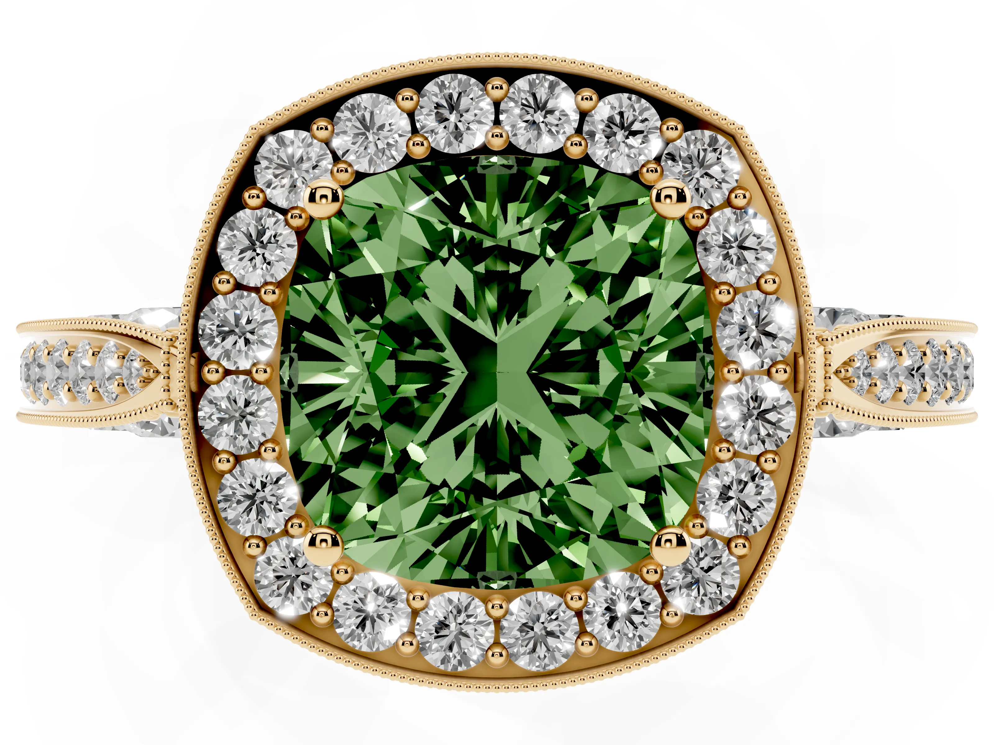 Fancy Green Cushion Cut Diamond Halo Engagement Ring Set in Yellow gold with Accent Split Shank Band