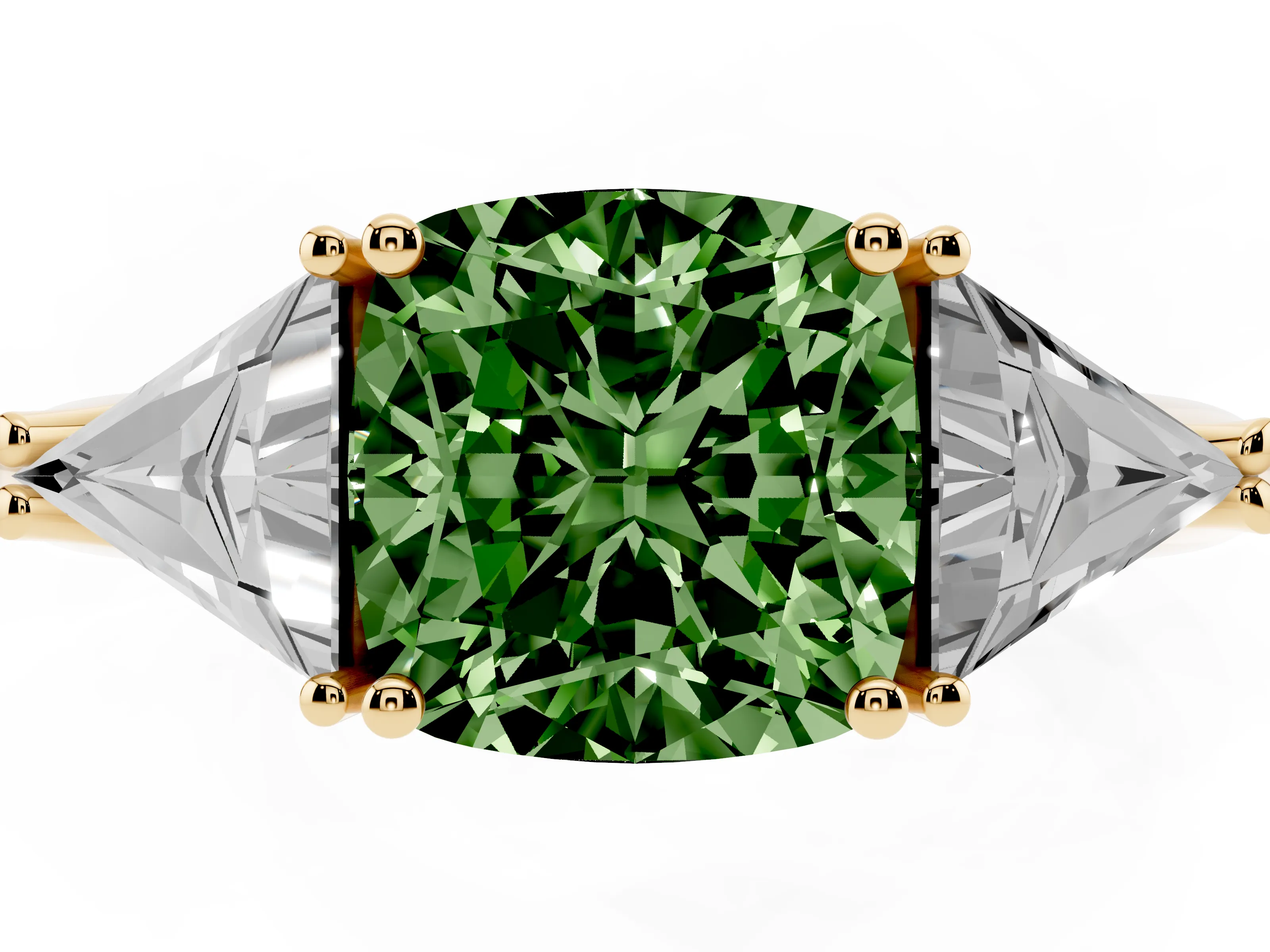 Fancy Green Cushion Cut Diamond Three-Stone Engagement Ring Set in Yellow gold with Trillion Side Stones