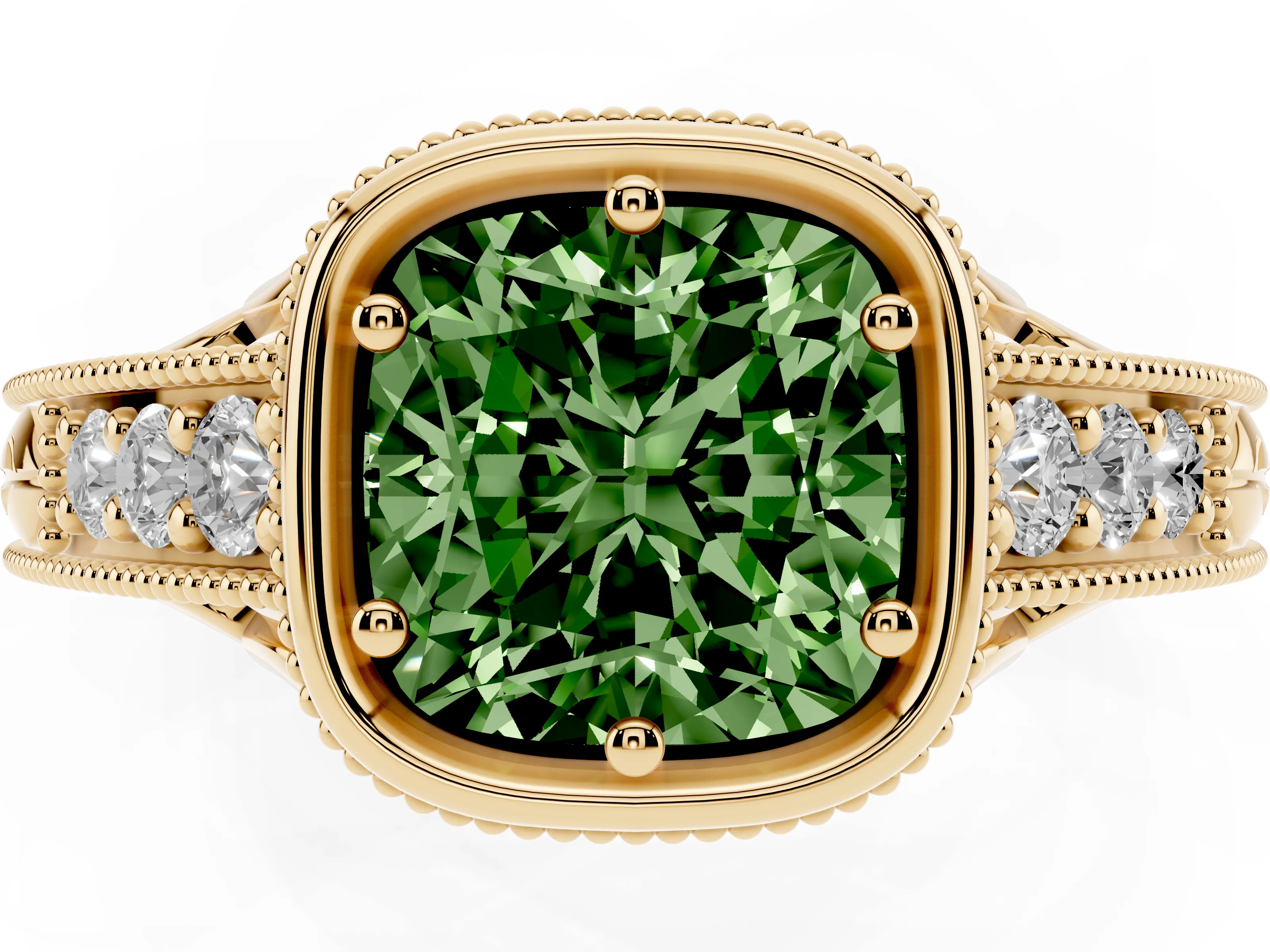 Fancy Green Bezel Set Cushion Cut Diamond Milgrain Pavé Engagement Ring Set in Yellow gold