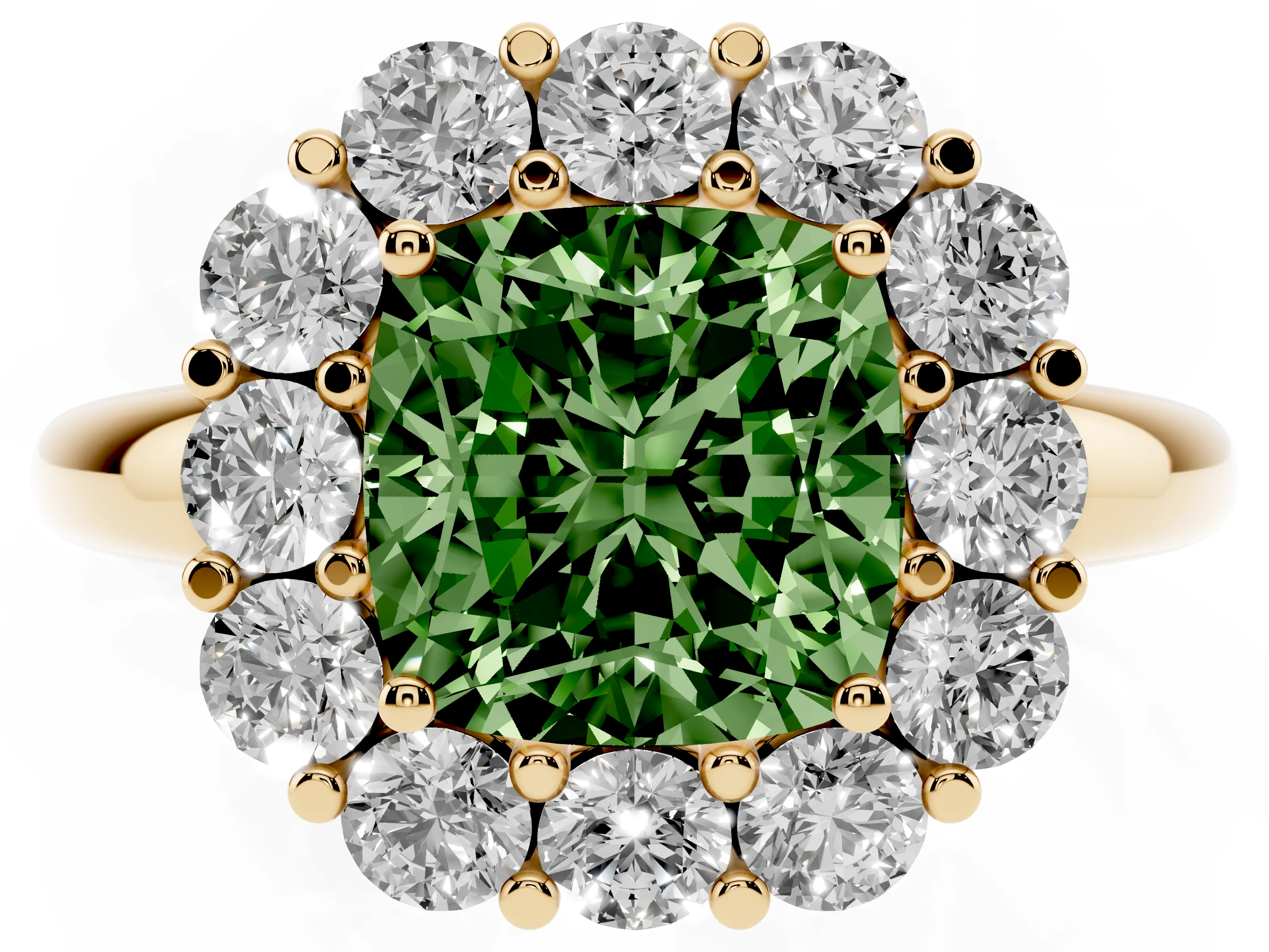 Fancy Green Cushion Cut Diamond Halo Cluster Engagement Ring Set in Yellow gold with Polished Band and Prong Setting