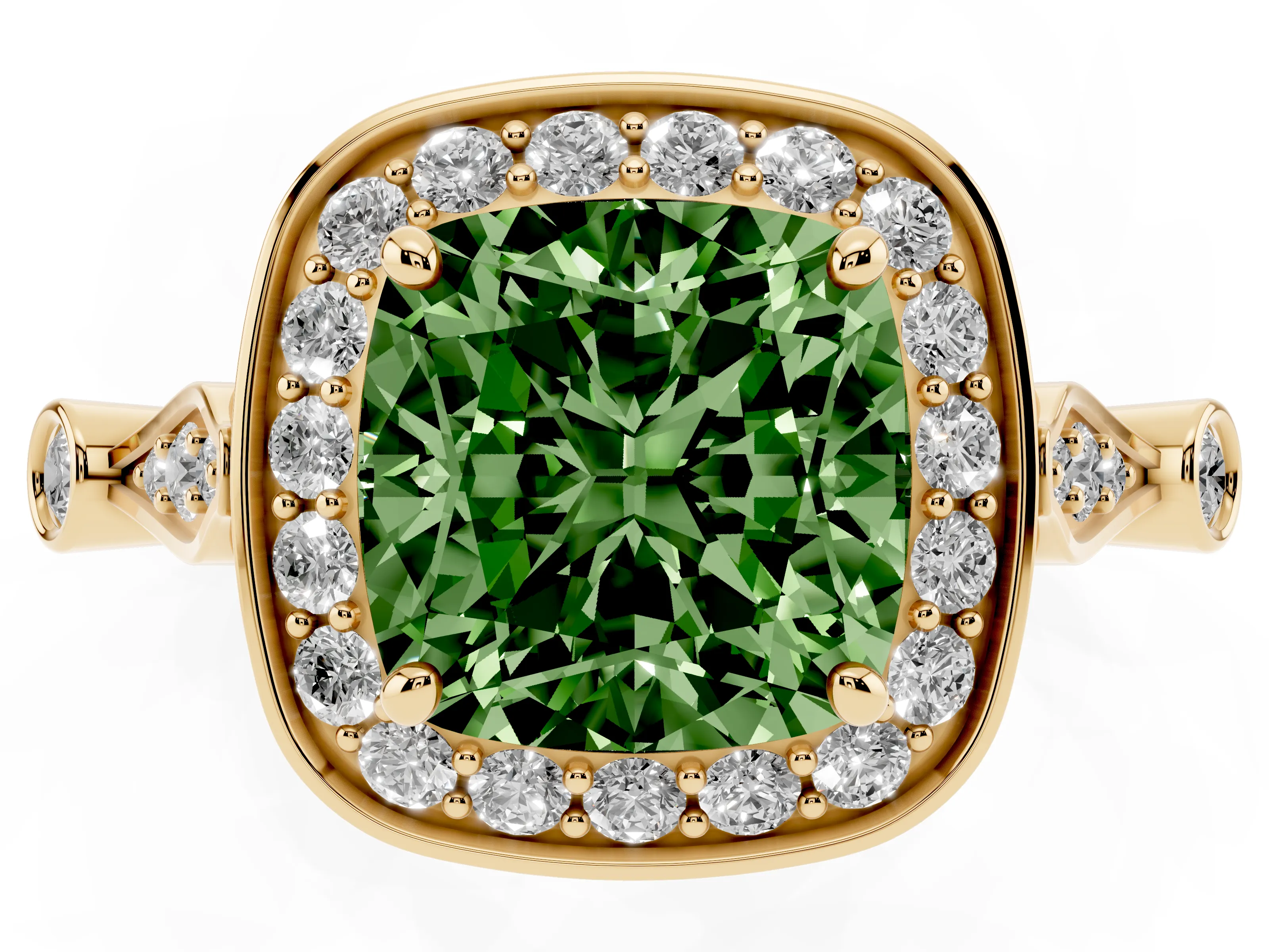 Fancy Green Cushion Cut Diamond Halo Engagement Ring Set in Yellow gold with Twisted Band and Prong Setting