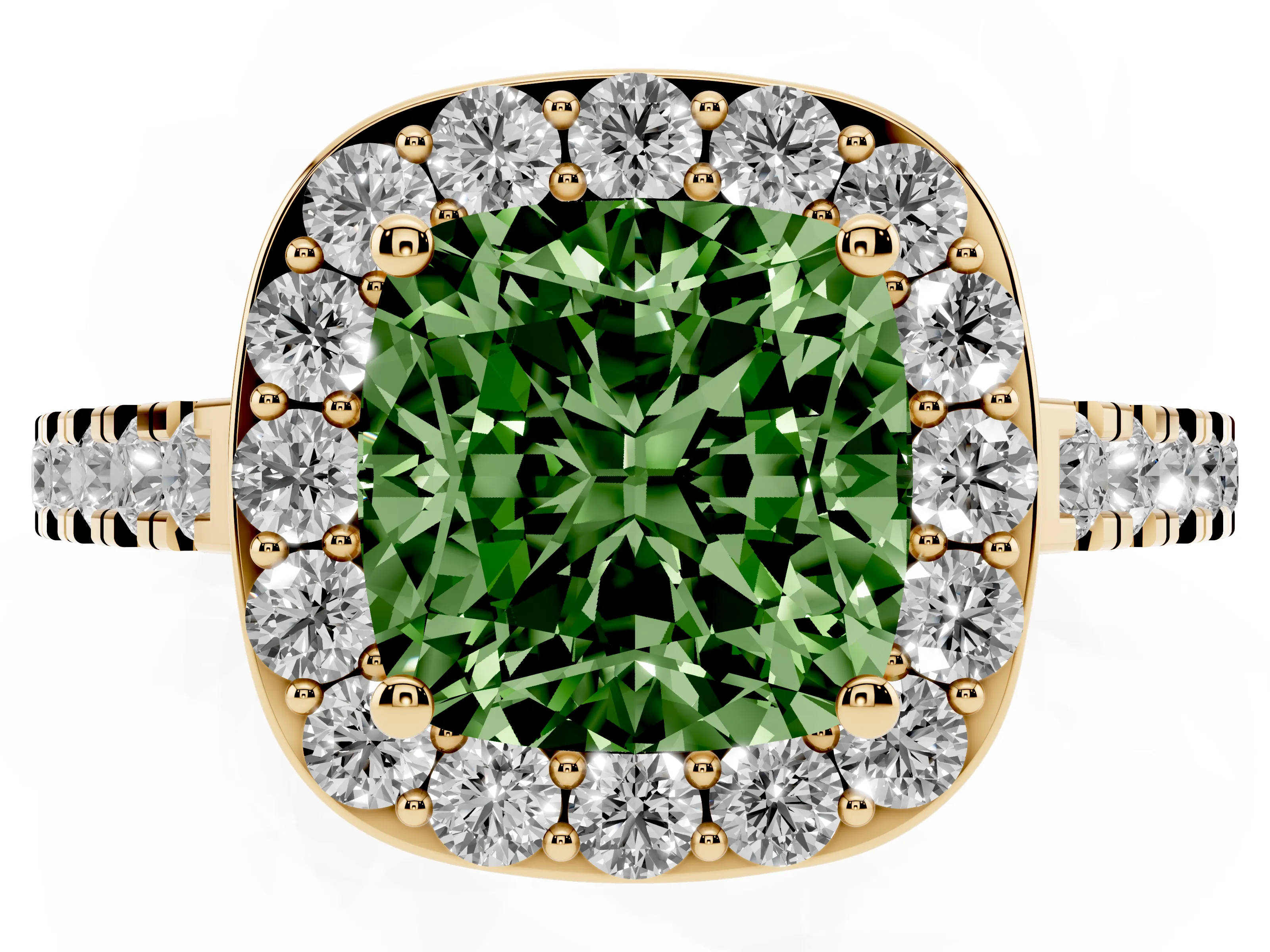 Fancy Green Cushion Cut Diamond Halo Ring Set in Yellow gold with Round Pavé Split Shank and Prong Setting