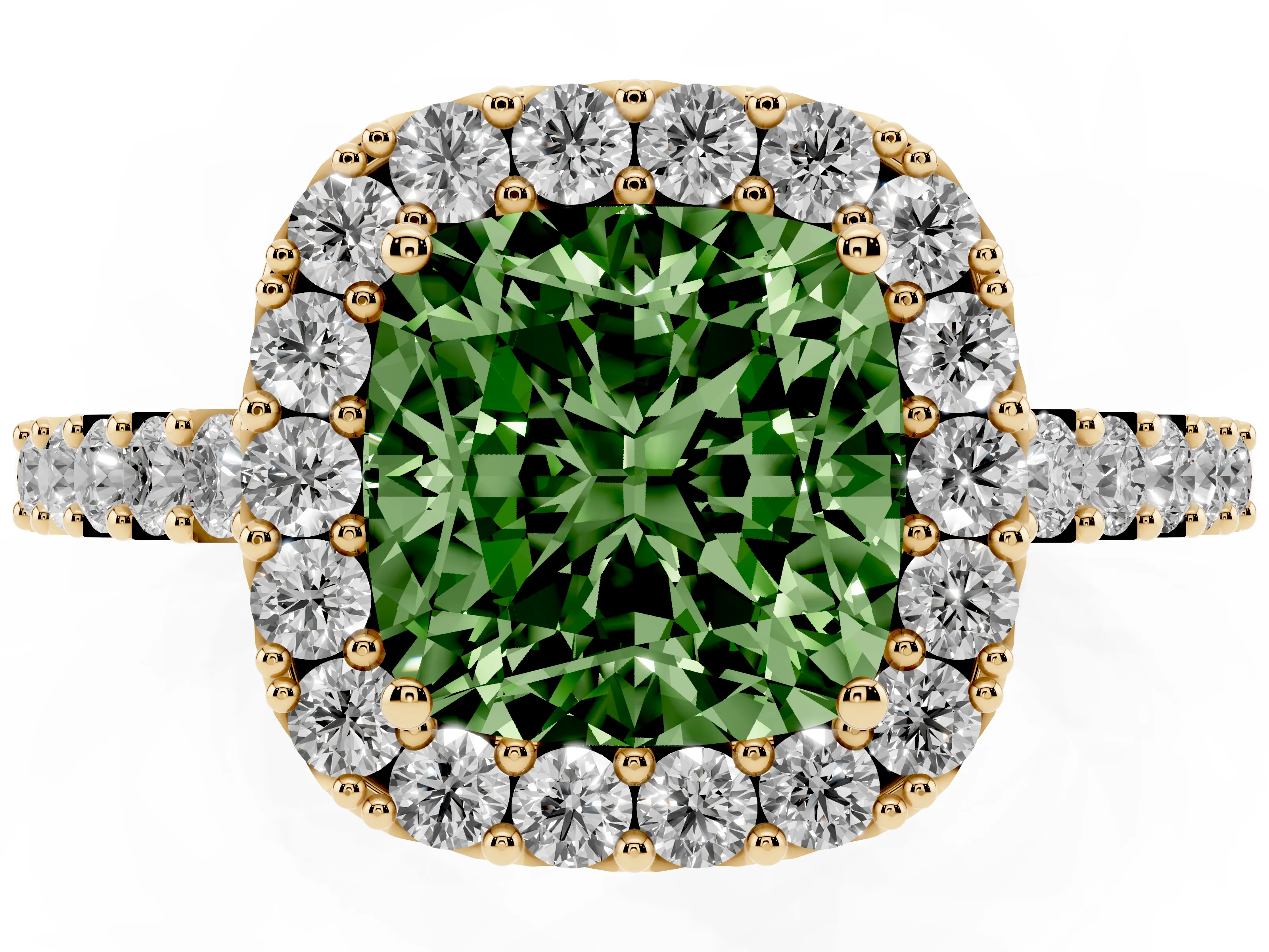 Fancy Green Cushion Cut Diamond Halo Pavé Solitaire Ring Set in Yellow gold with Prong-Set Center Stone
