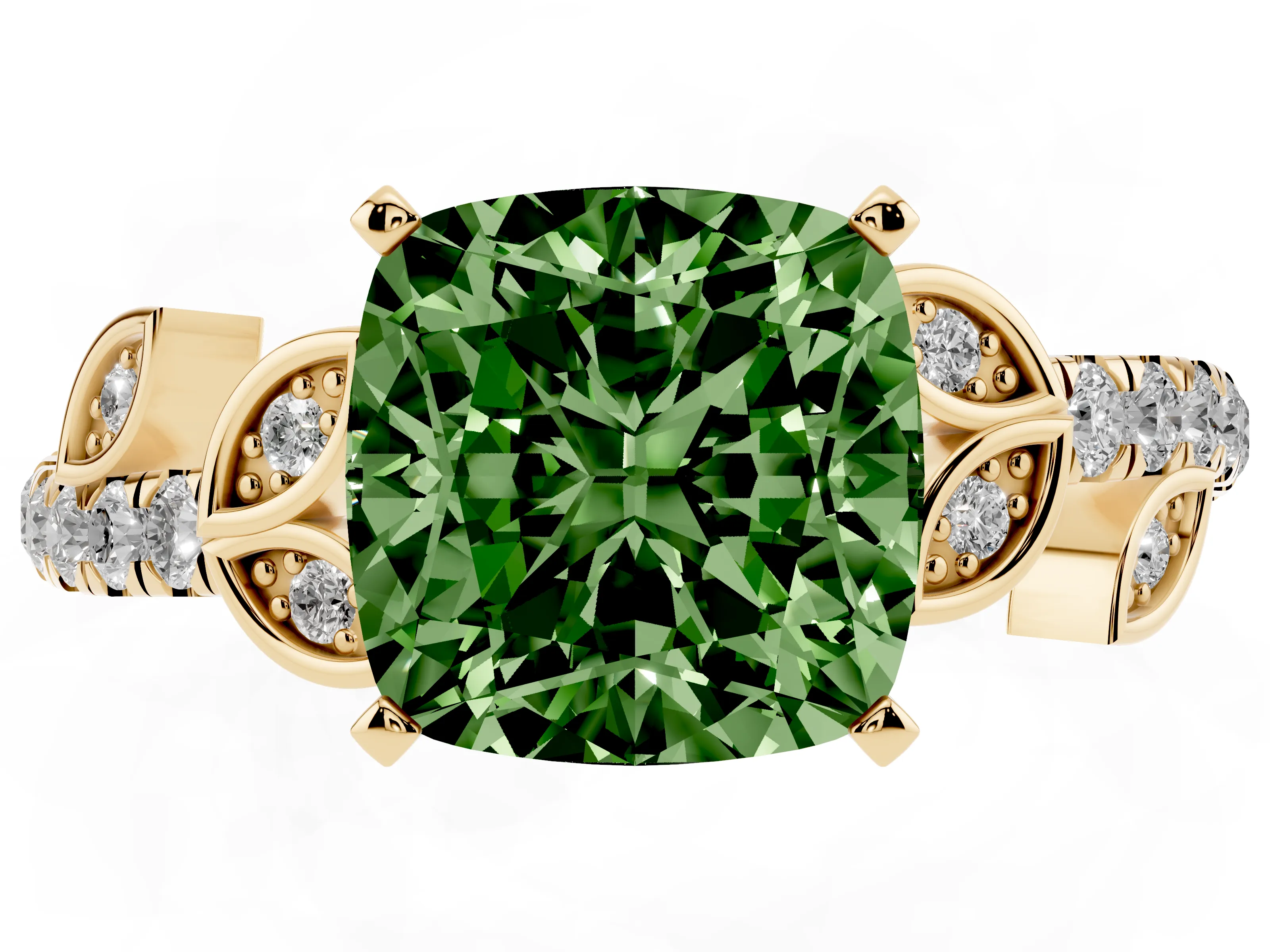 Fancy Green Cushion Cut Diamond Solitaire Leaf-Inspired Ring Set in Yellow gold with Pavé Band and Prong Setting