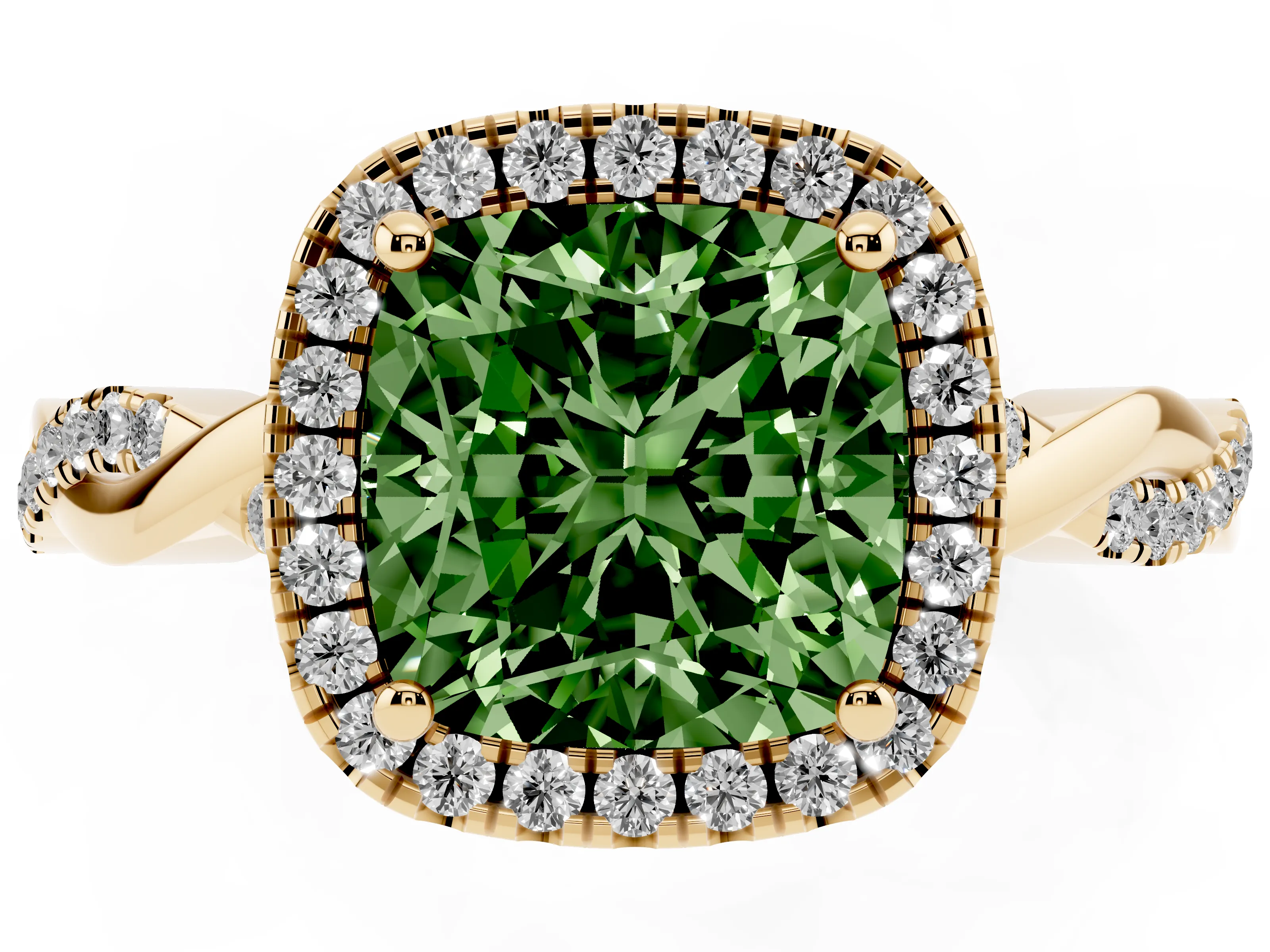 Fancy Green Cushion Cut Diamond Halo Twisted Band Ring Set in Yellow gold with Prong Setting