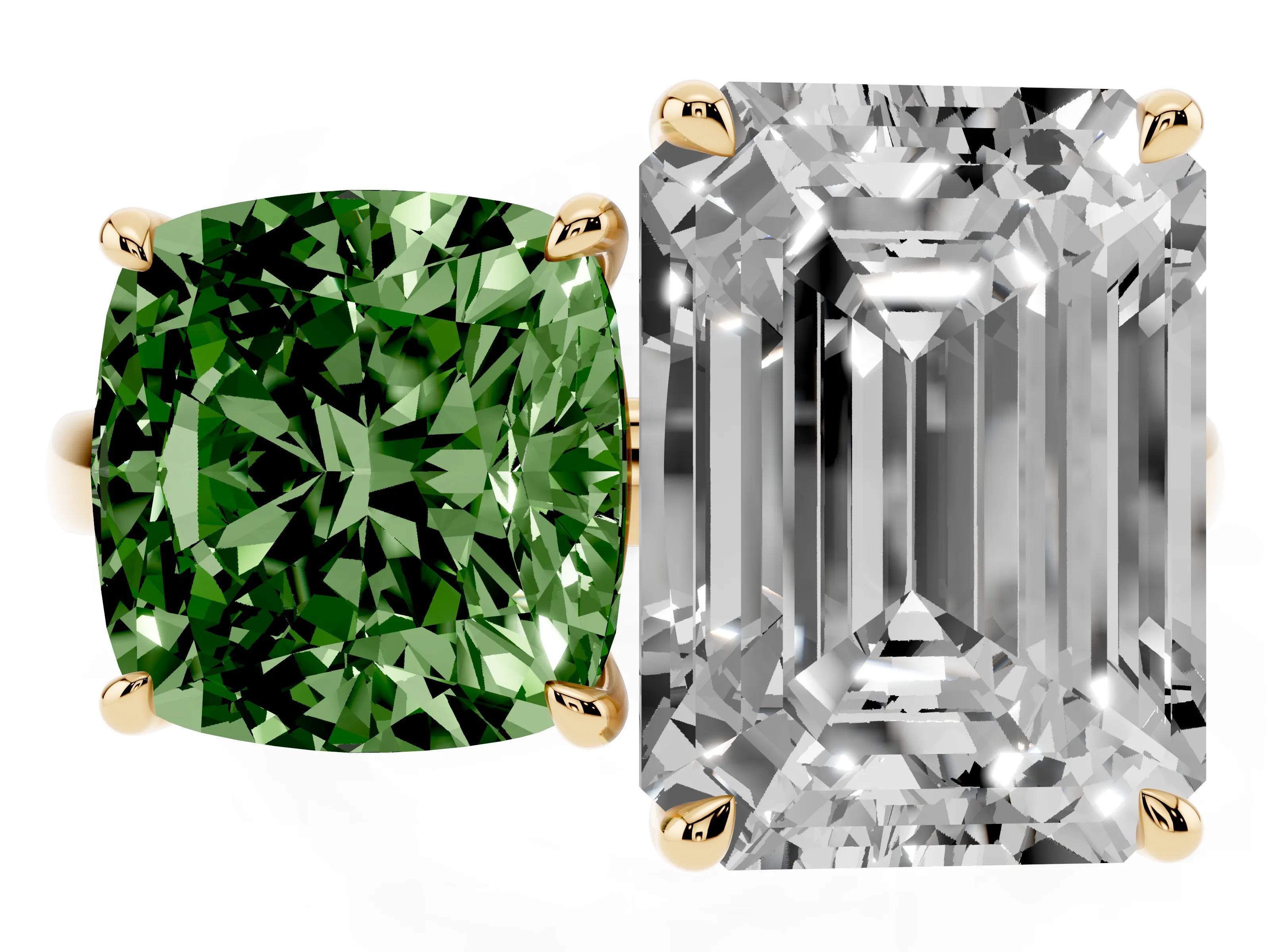 Fancy Green Cushion Cut and Emerald Cut Toi Moi Ring Set in Yellow gold with Prong Setting