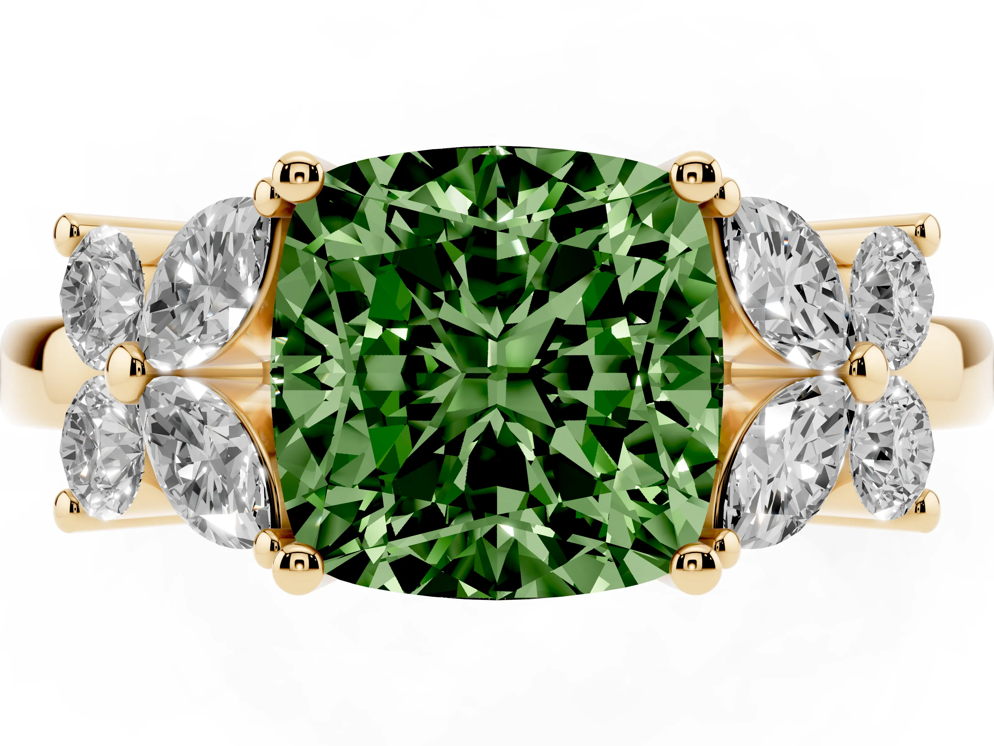 Fancy Green Cushion Cut Diamond Floral Cluster Ring Set in Yellow gold with Marquise Petals and Prong Setting