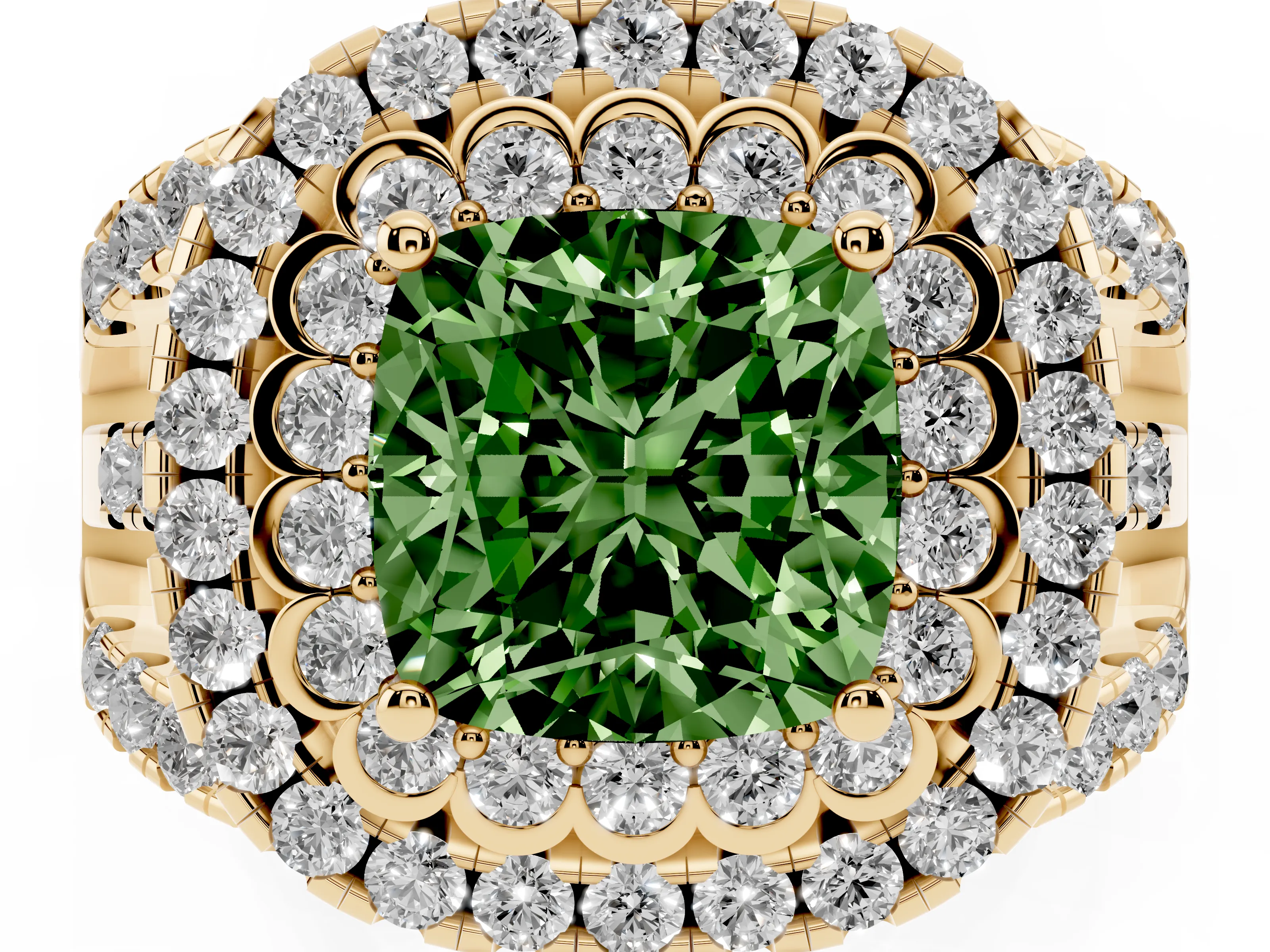 Fancy Green Cushion Cut Diamond Double Halo Ring Set in Yellow gold with Round Pavé Split Shank
