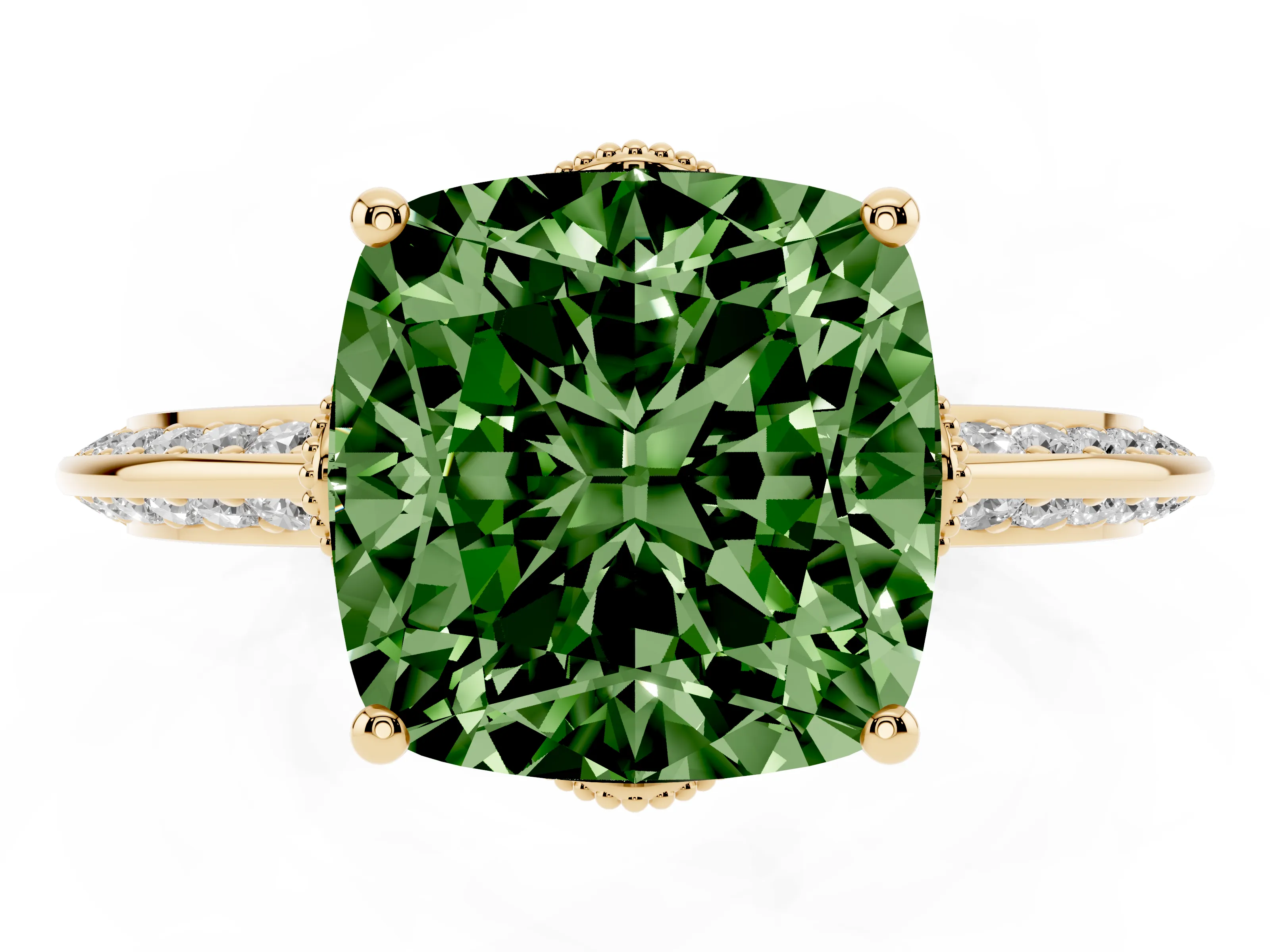 Fancy Green Cushion Cut Diamond Solitaire Engagement Ring Set in Yellow gold with Pavé Split Shank and Prong Setting