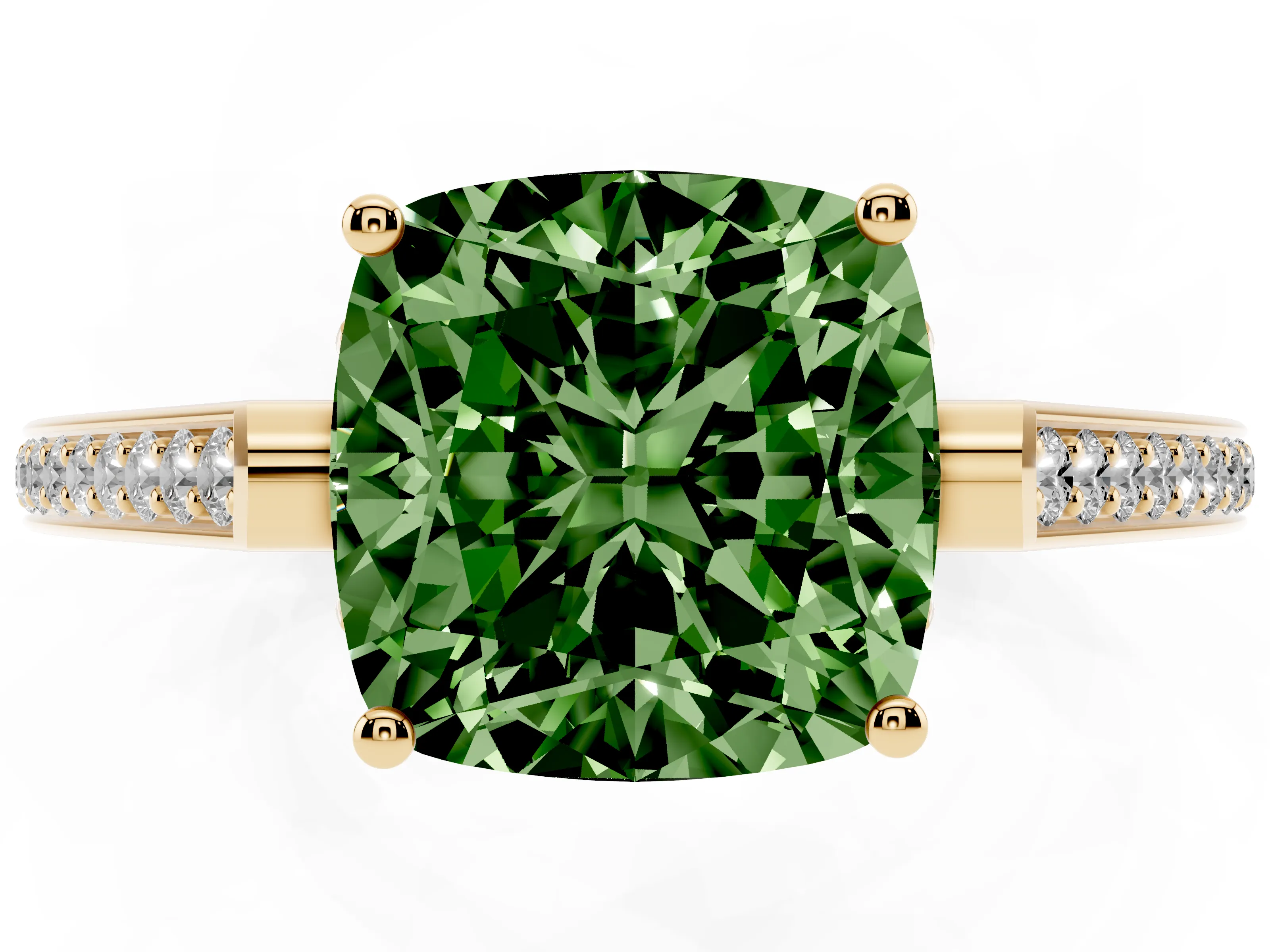 Fancy Green Cushion Cut Diamond Cathedral Pavé Engagement Ring Set in Yellow gold with Prong Setting